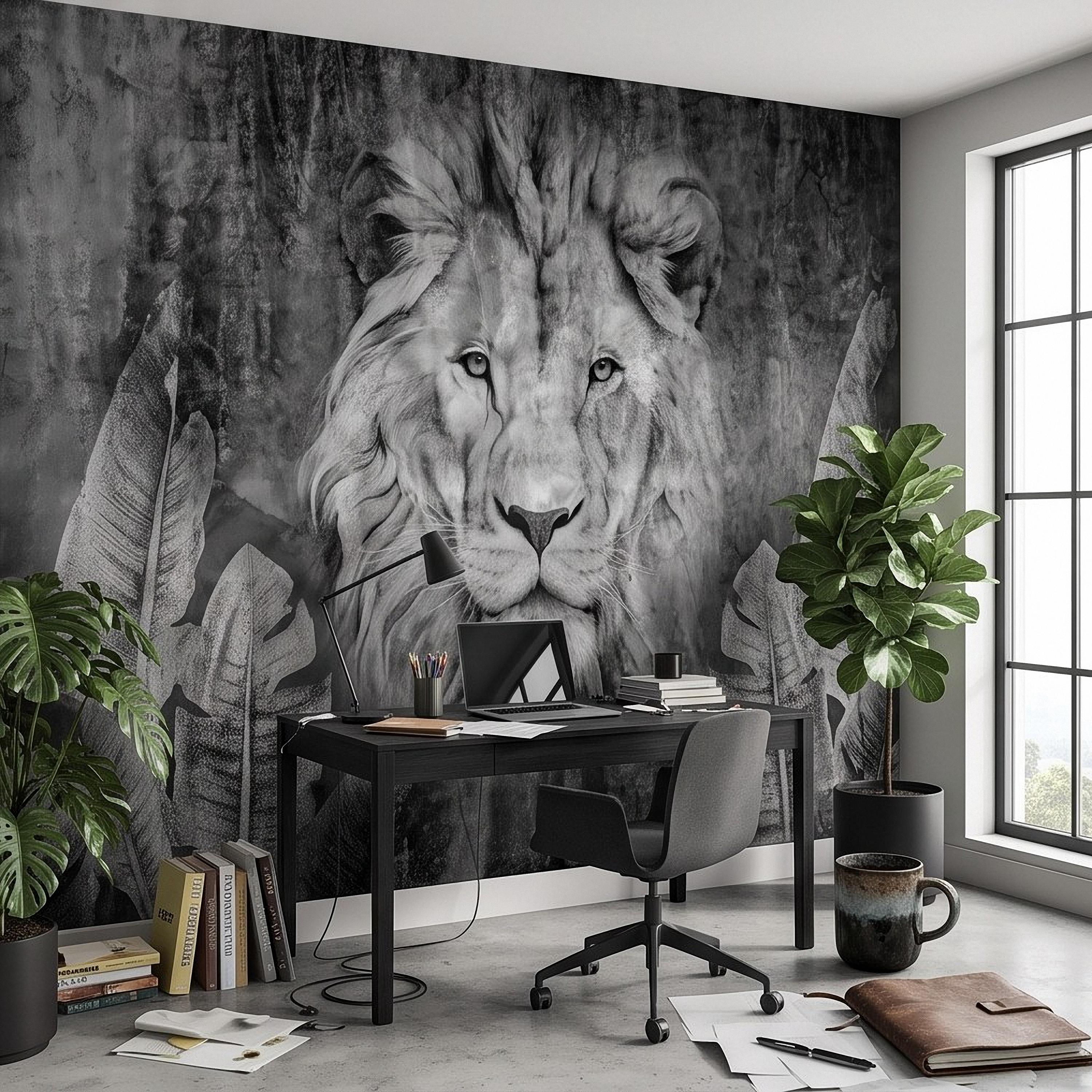Majestic Lion Peel and Stick Wall Mural, Black and White Wildlife Portrait Dark Concrete Texture Tropical Botanical Wallpaper