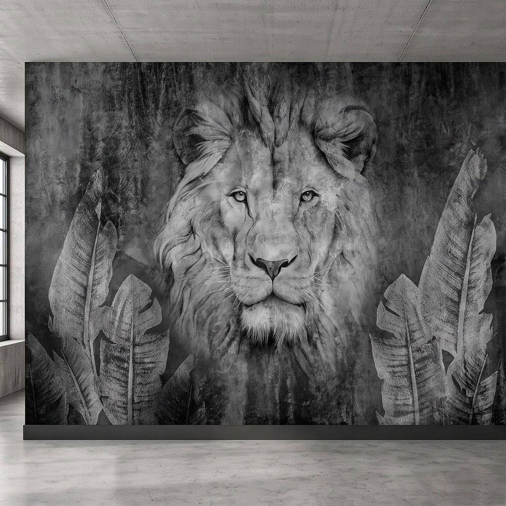 Majestic Lion Peel and Stick Wall Mural, Black and White Wildlife Portrait Dark Concrete Texture Tropical Botanical Wallpaper