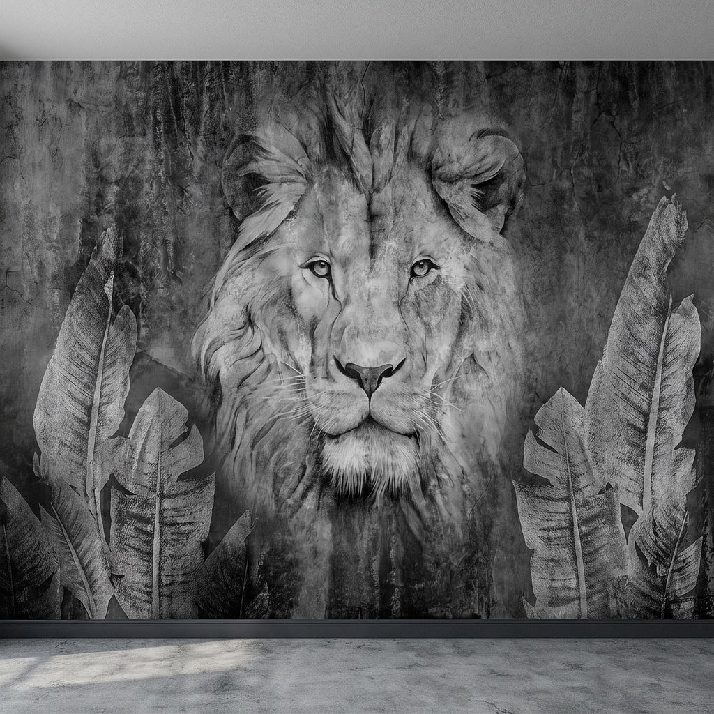 Majestic Lion Peel and Stick Wall Mural, Black and White Wildlife Portrait Dark Concrete Texture Tropical Botanical Wallpaper