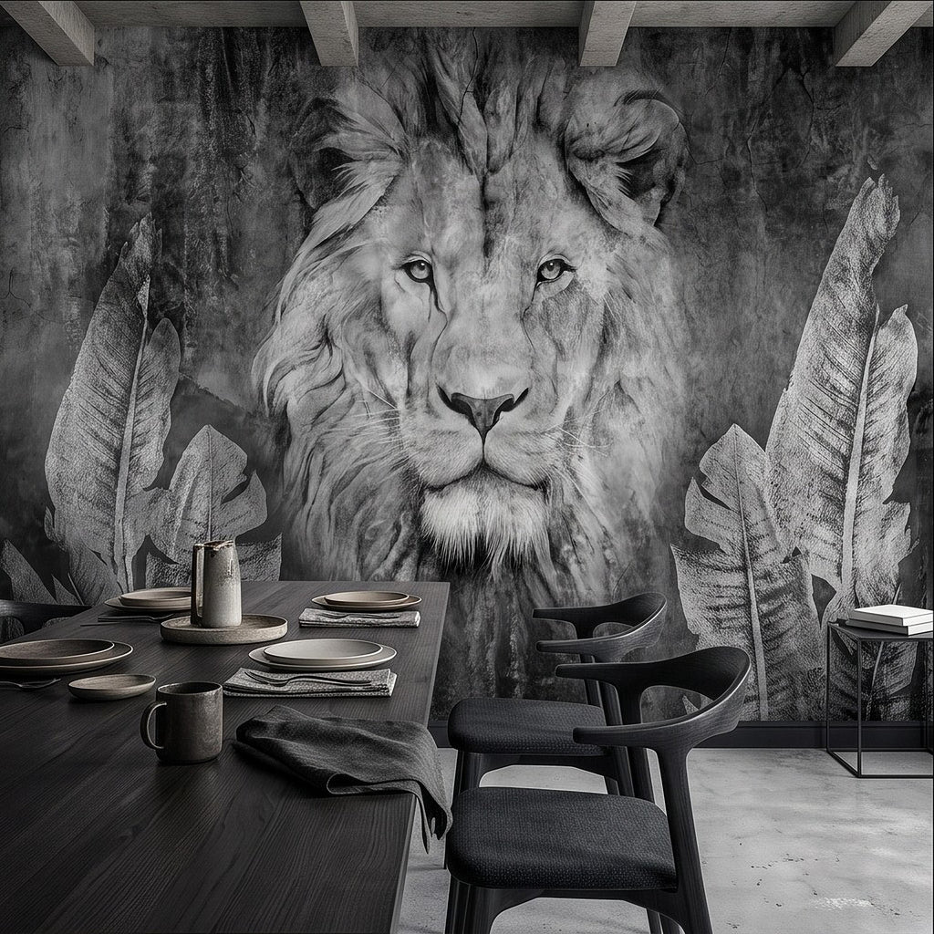 Majestic Lion Peel and Stick Wall Mural, Black and White Wildlife Portrait Dark Concrete Texture Tropical Botanical Wallpaper