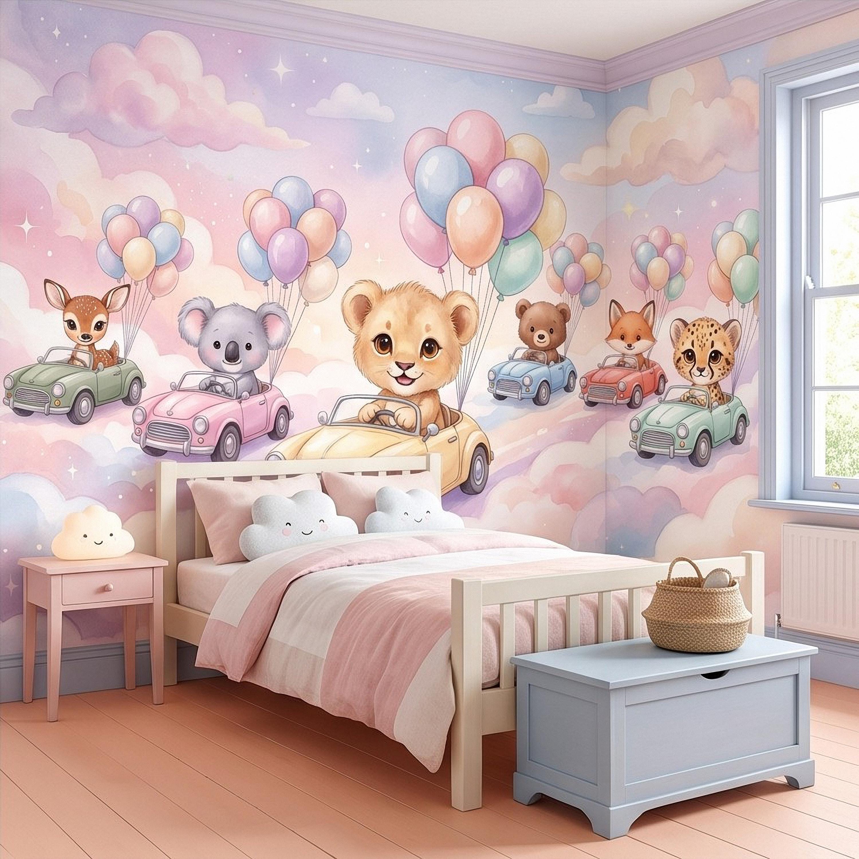 Baby Animals in Cars Peel and Stick Wall Mural, Pastel Balloons and Clouds Dreamy Sky Adventure Watercolor Storybook Kids Wallpaper