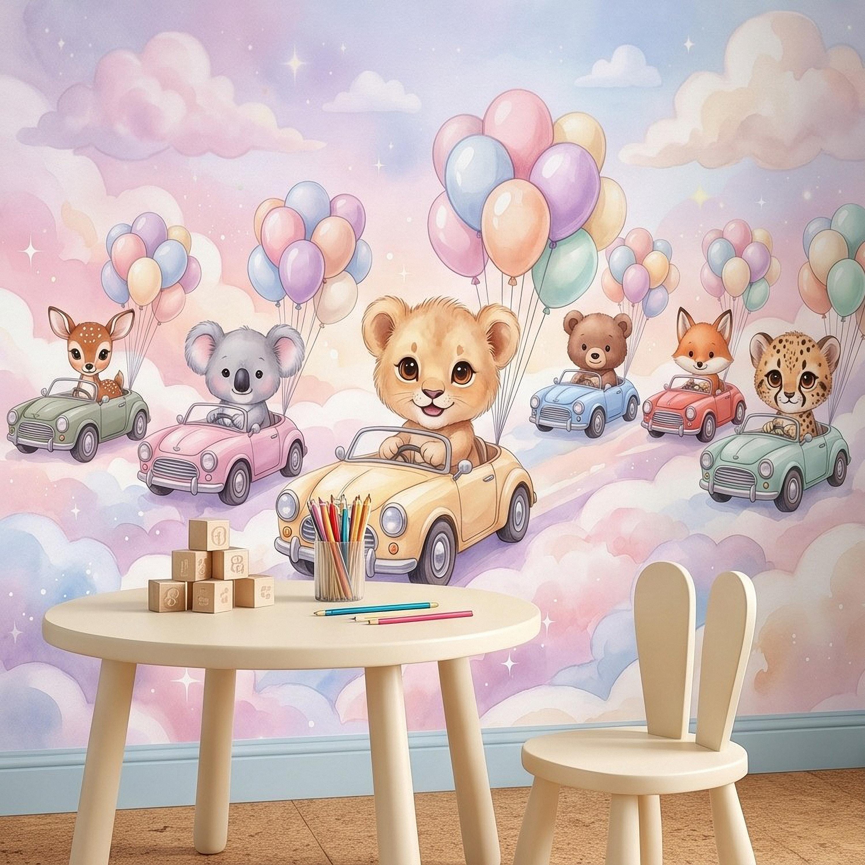 Baby Animals in Cars Peel and Stick Wall Mural, Pastel Balloons and Clouds Dreamy Sky Adventure Watercolor Storybook Kids Wallpaper