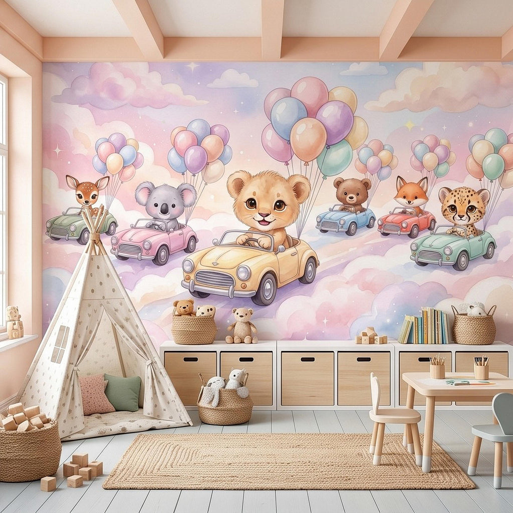 Baby Animals in Cars Peel and Stick Wall Mural, Pastel Balloons and Clouds Dreamy Sky Adventure Watercolor Storybook Kids Wallpaper
