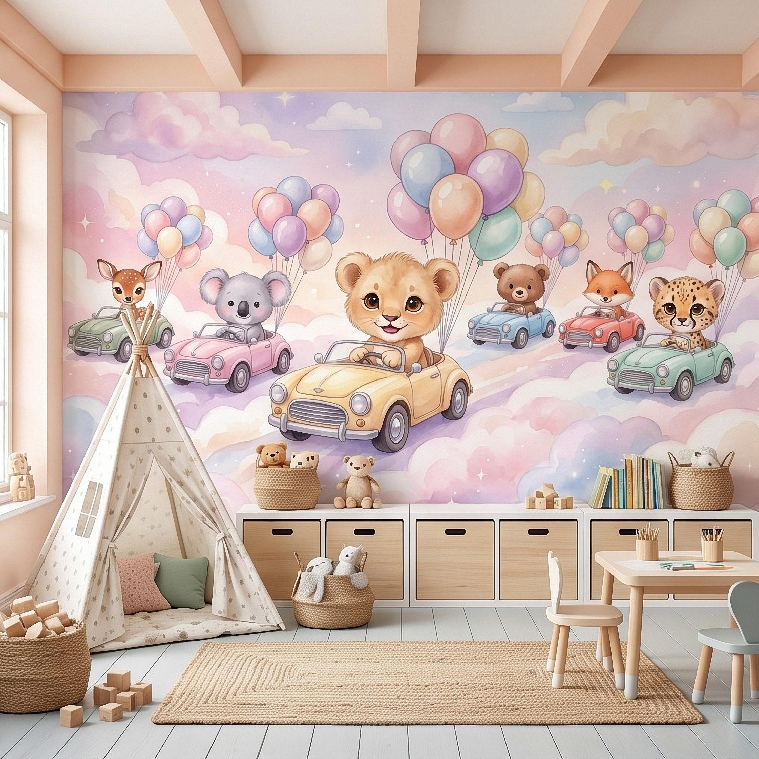 Baby Animals in Cars Peel and Stick Wall Mural, Pastel Balloons and Clouds Dreamy Sky Adventure Watercolor Storybook Kids Wallpaper