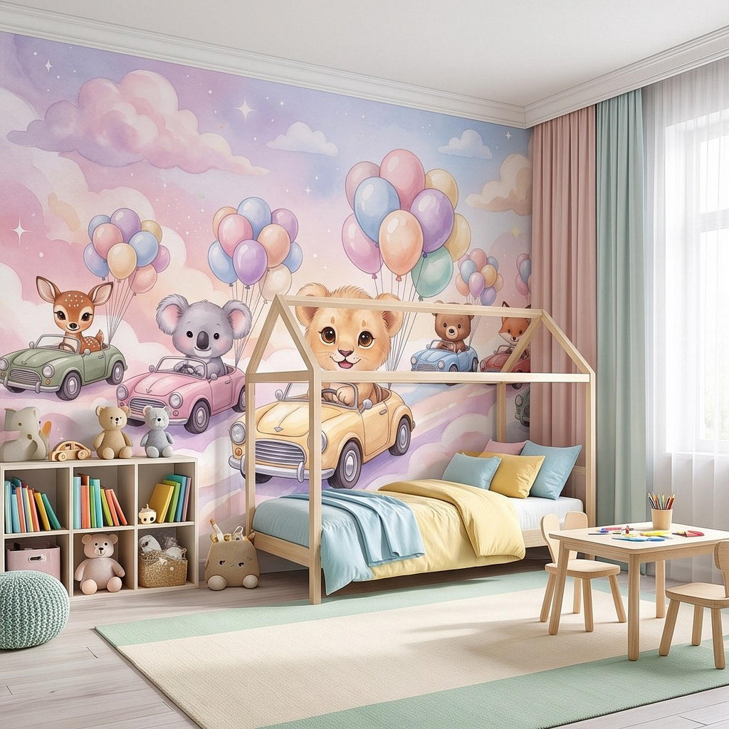 Baby Animals in Cars Peel and Stick Wall Mural, Pastel Balloons and Clouds Dreamy Sky Adventure Watercolor Storybook Kids Wallpaper