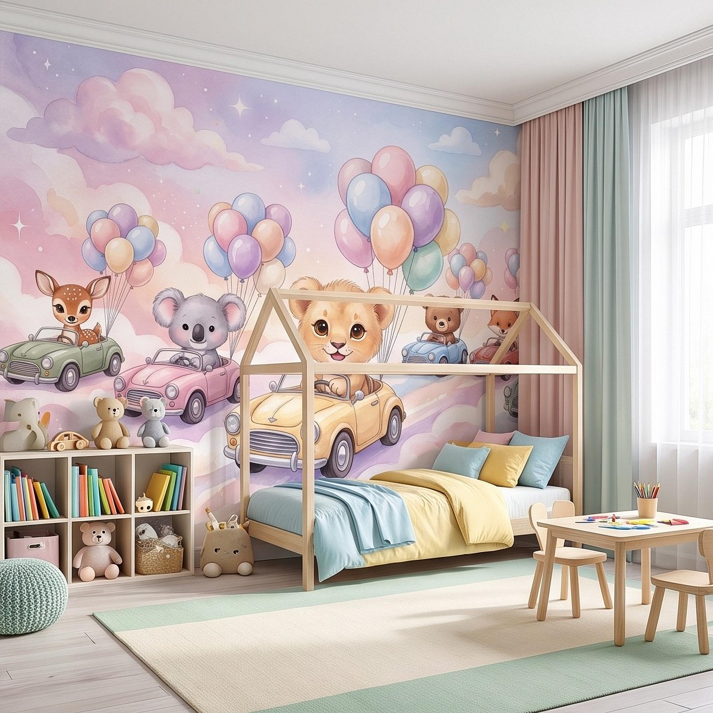 Baby Animals in Cars Peel and Stick Wall Mural, Pastel Balloons and Clouds Dreamy Sky Adventure Watercolor Storybook Kids Wallpaper