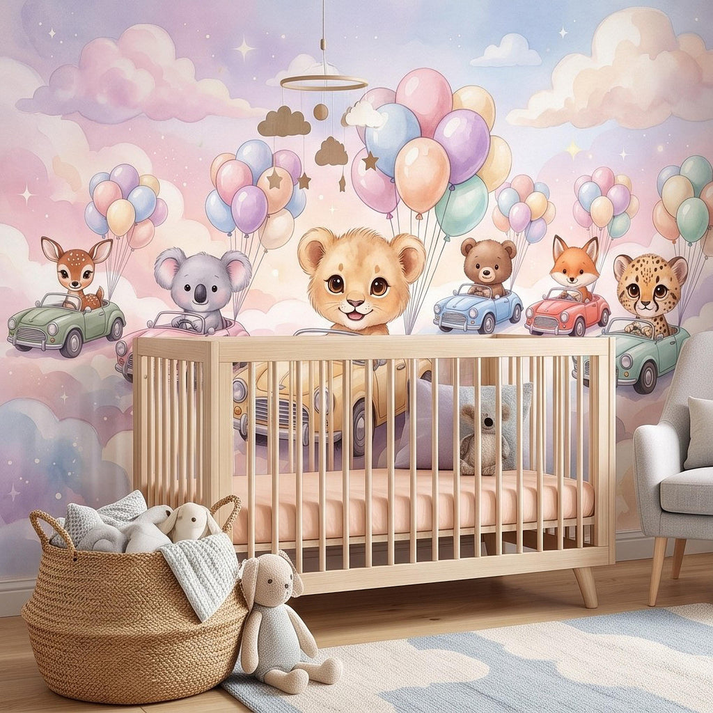 Baby Animals in Cars Peel and Stick Wall Mural, Pastel Balloons and Clouds Dreamy Sky Adventure Watercolor Storybook Kids Wallpaper