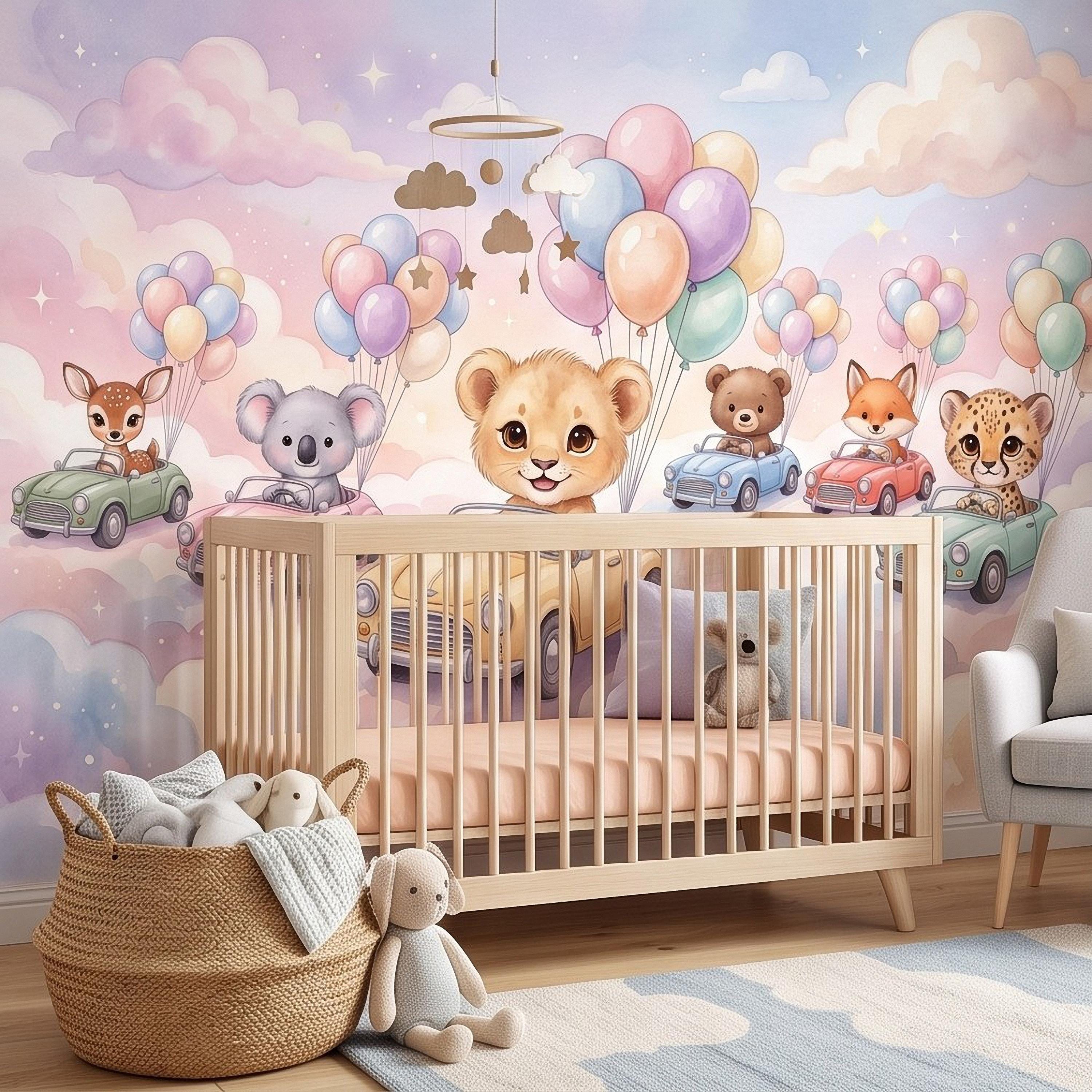 Baby Animals in Cars Peel and Stick Wall Mural, Pastel Balloons and Clouds Dreamy Sky Adventure Watercolor Storybook Kids Wallpaper