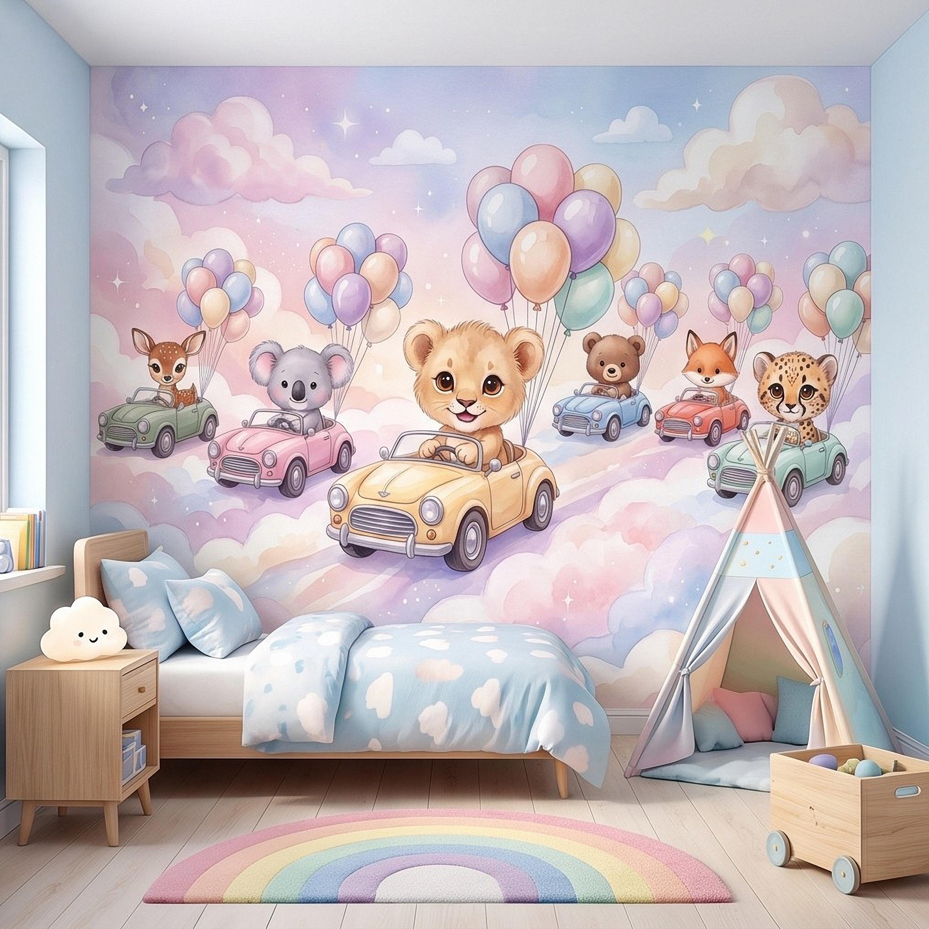 Baby Animals in Cars Peel and Stick Wall Mural, Pastel Balloons and Clouds Dreamy Sky Adventure Watercolor Storybook Kids Wallpaper