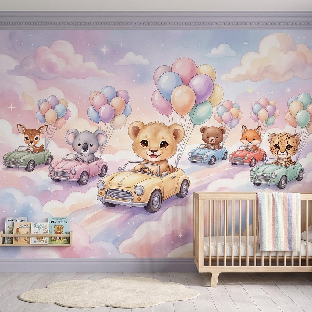 Baby Animals in Cars Peel and Stick Wall Mural, Pastel Balloons and Clouds Dreamy Sky Adventure Watercolor Storybook Kids Wallpaper