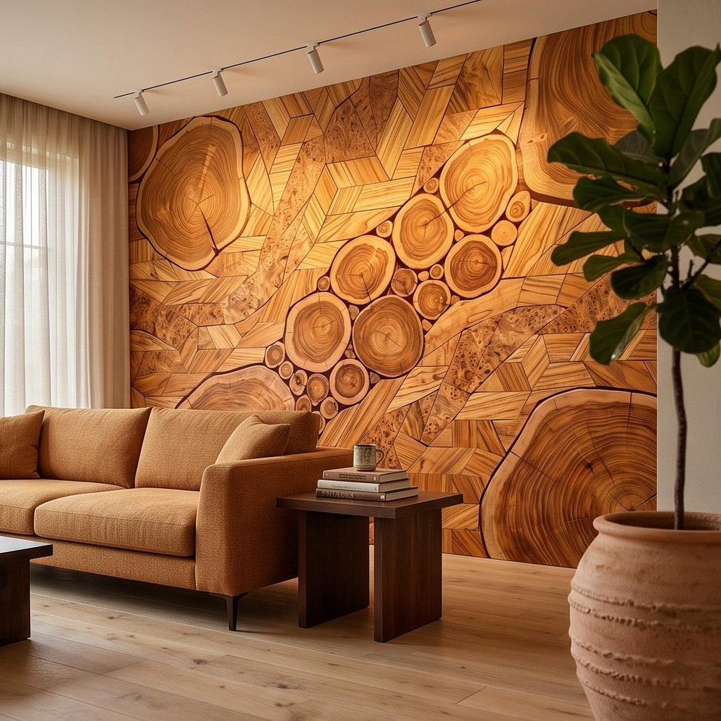 Natural Wood Peel and Stick Wall Mural, Rustic Tree Ring Log Slice Herringbone Timber Texture Organic Wallpaper