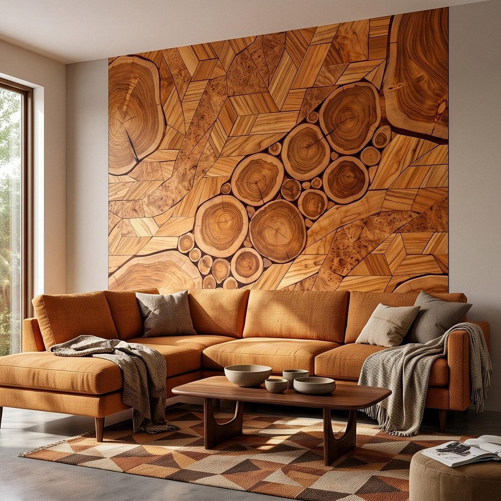 Natural Wood Peel and Stick Wall Mural, Rustic Tree Ring Log Slice Herringbone Timber Texture Organic Wallpaper
