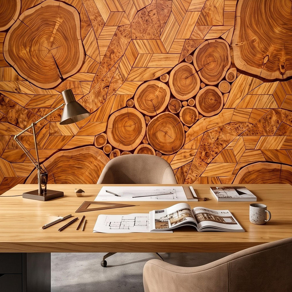 Natural Wood Peel and Stick Wall Mural, Rustic Tree Ring Log Slice Herringbone Timber Texture Organic Wallpaper