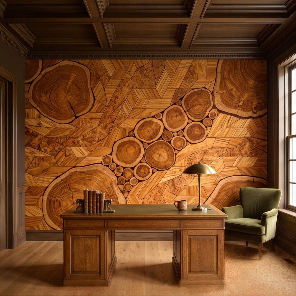 Natural Wood Peel and Stick Wall Mural, Rustic Tree Ring Log Slice Herringbone Timber Texture Organic Wallpaper