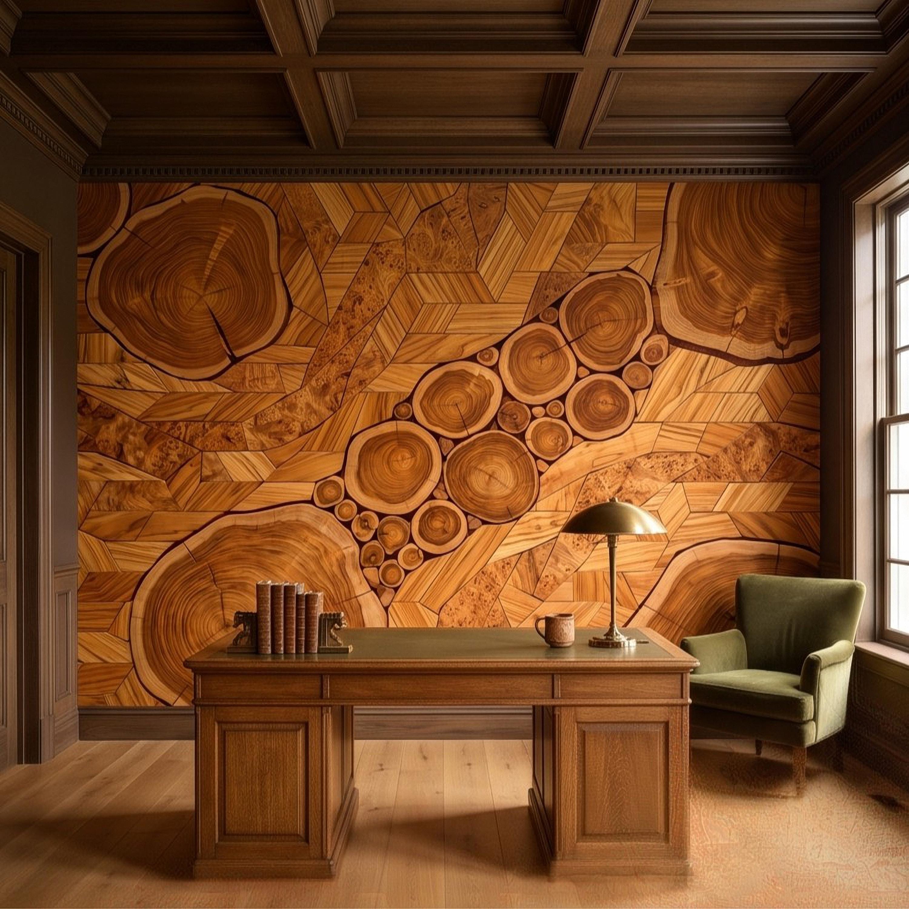 Natural Wood Peel and Stick Wall Mural, Rustic Tree Ring Log Slice Herringbone Timber Texture Organic Wallpaper