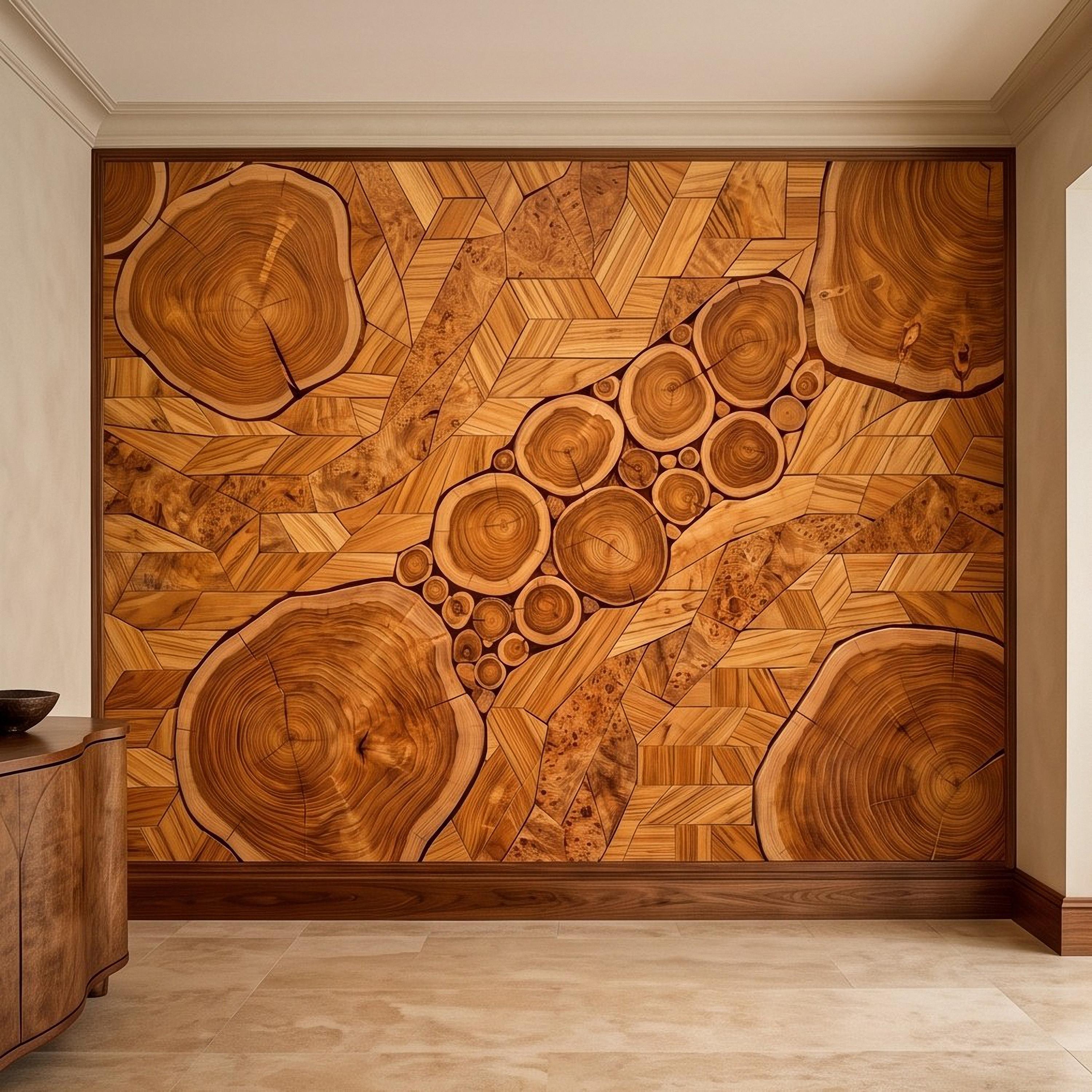 Natural Wood Peel and Stick Wall Mural, Rustic Tree Ring Log Slice Herringbone Timber Texture Organic Wallpaper