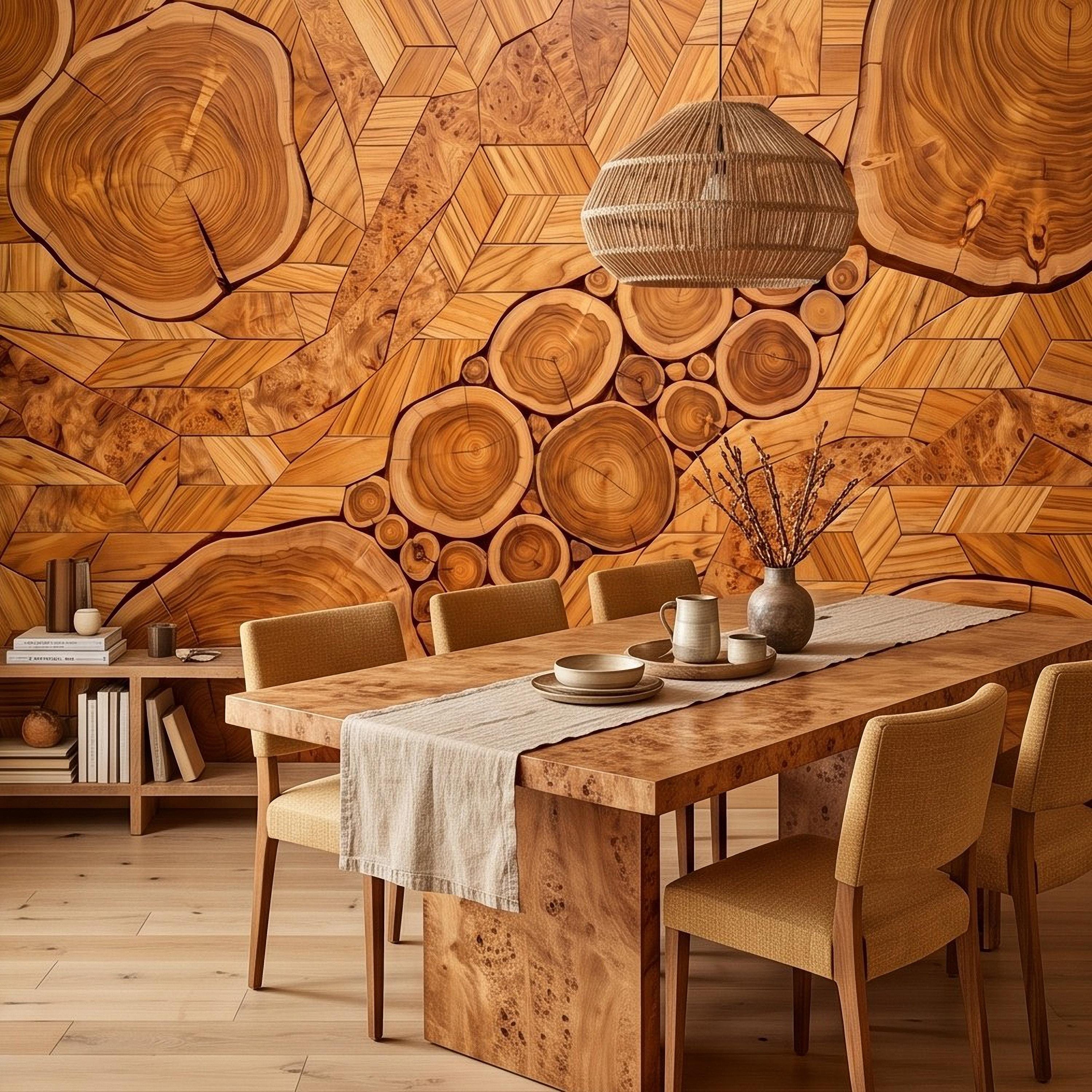 Natural Wood Peel and Stick Wall Mural, Rustic Tree Ring Log Slice Herringbone Timber Texture Organic Wallpaper