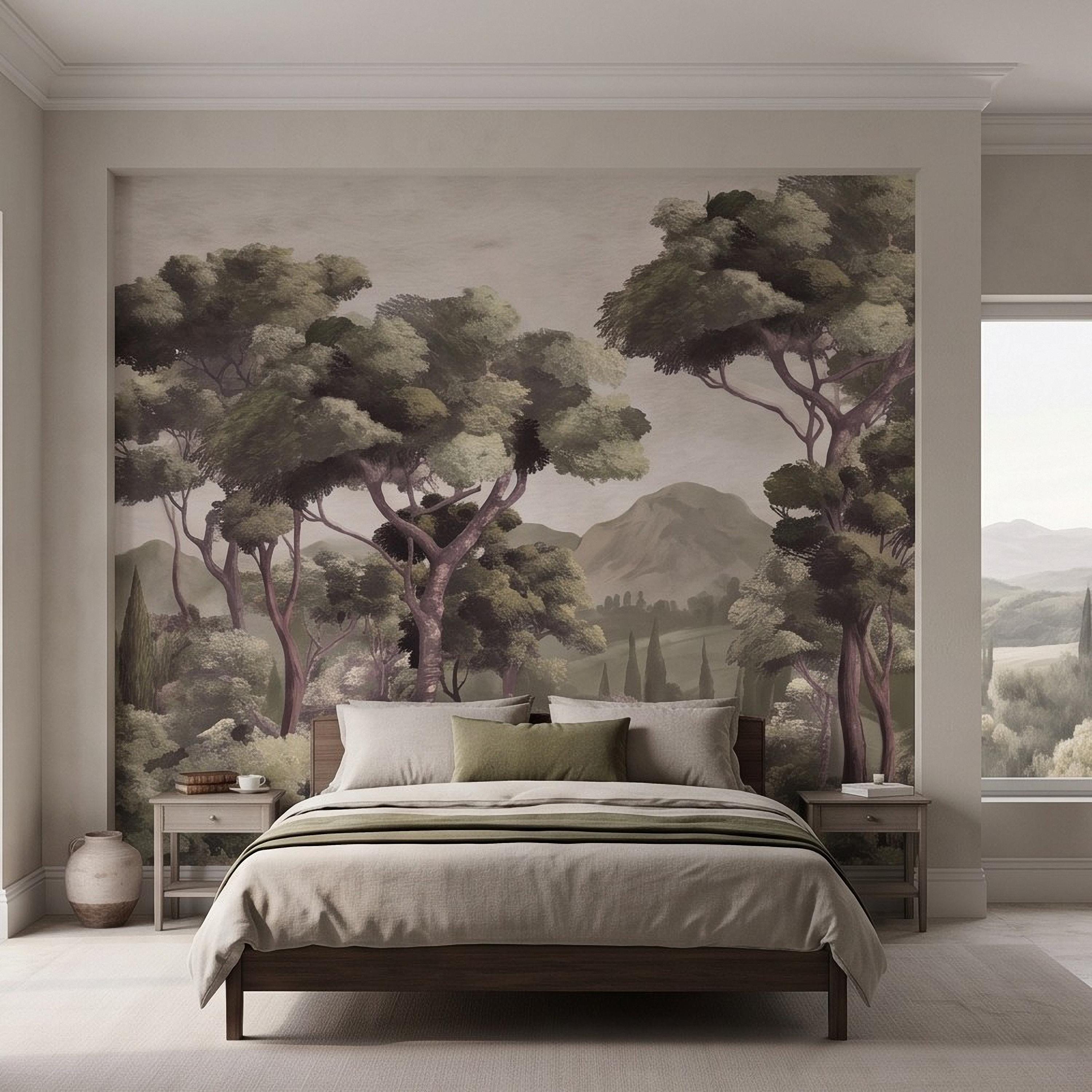 Mediterranean Landscape Peel and Stick Wall Mural, Italian Cypress Trees Vintage Forest Mountain Scenic Wallpaper