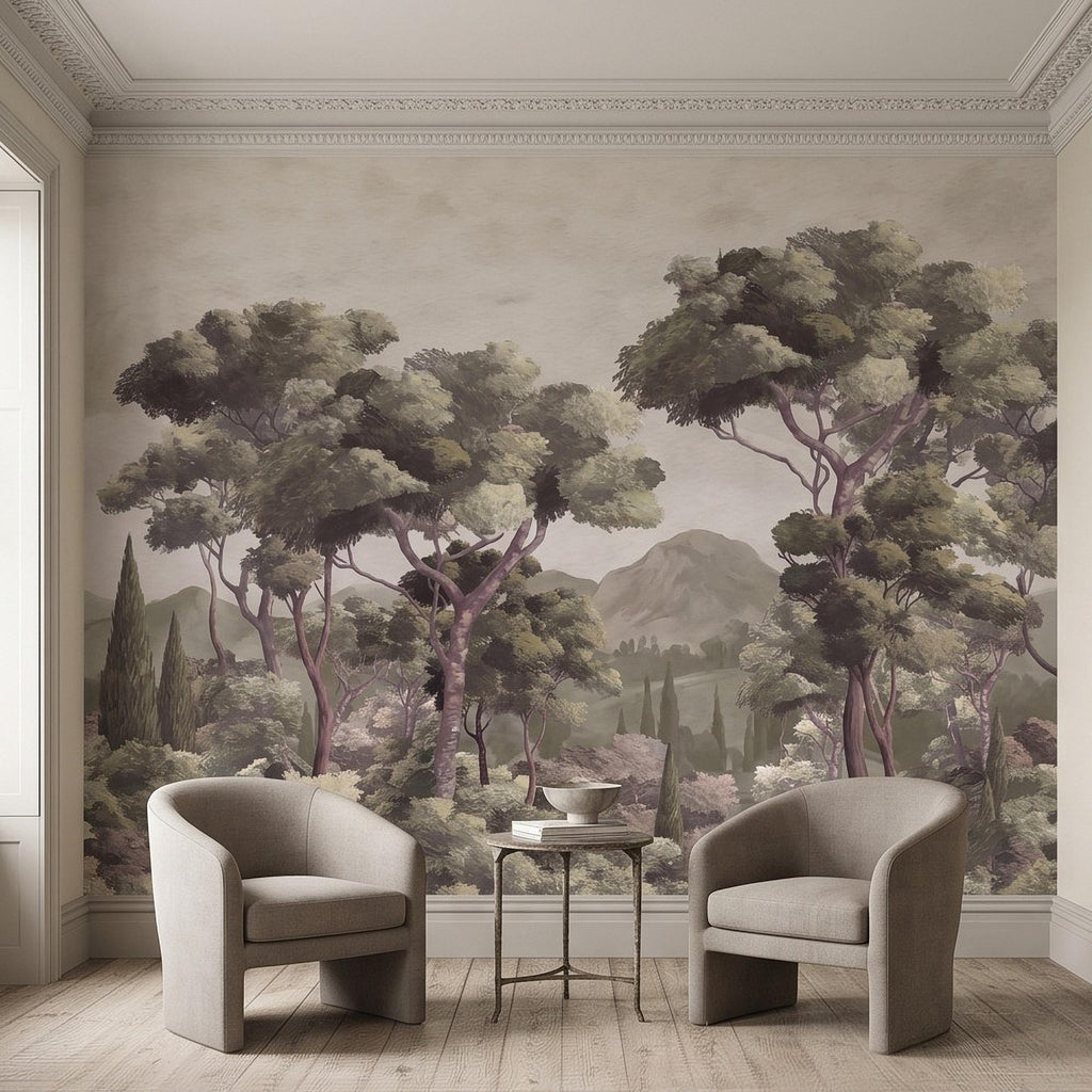 Mediterranean Landscape Peel and Stick Wall Mural, Italian Cypress Trees Vintage Forest Mountain Scenic Wallpaper