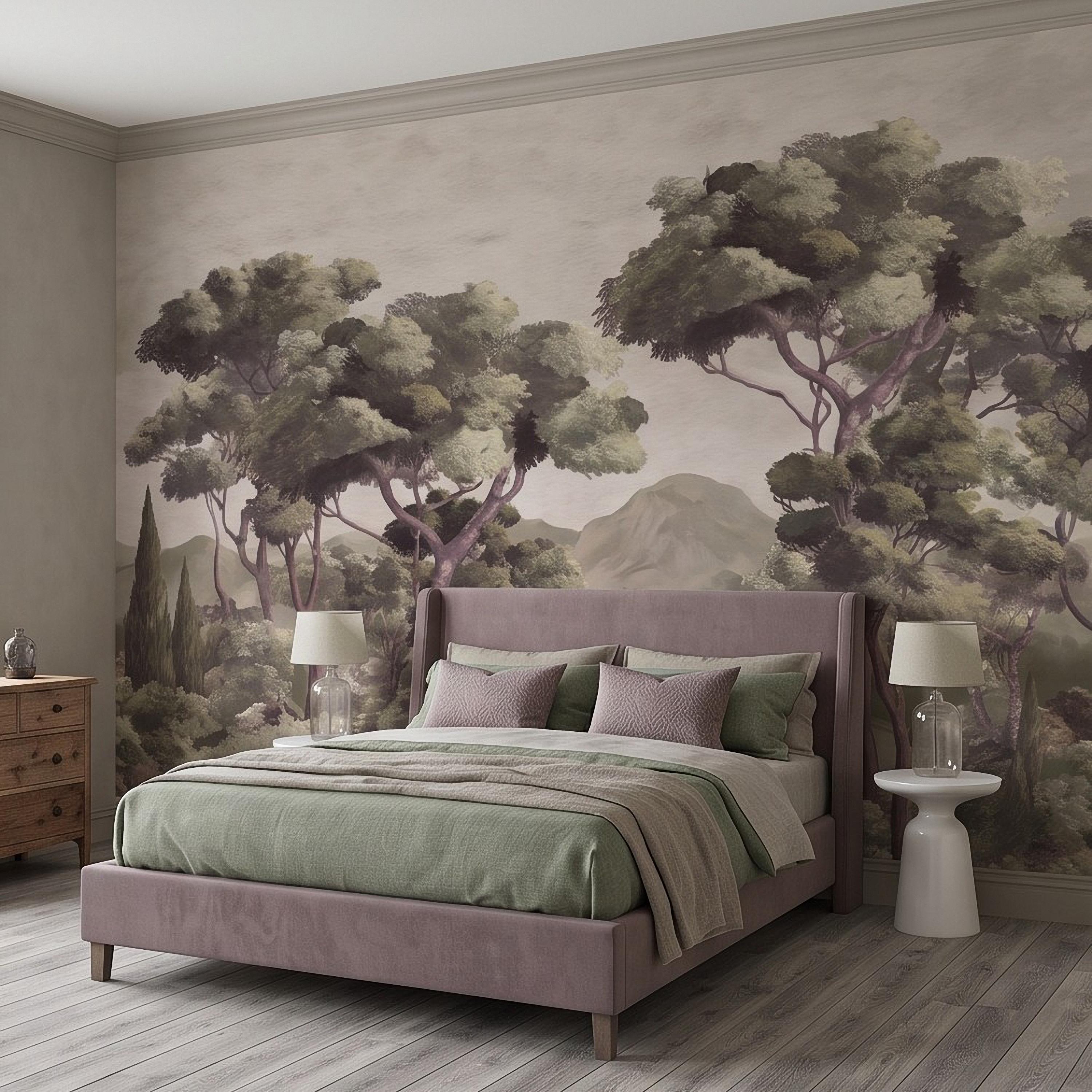 Mediterranean Landscape Peel and Stick Wall Mural, Italian Cypress Trees Vintage Forest Mountain Scenic Wallpaper