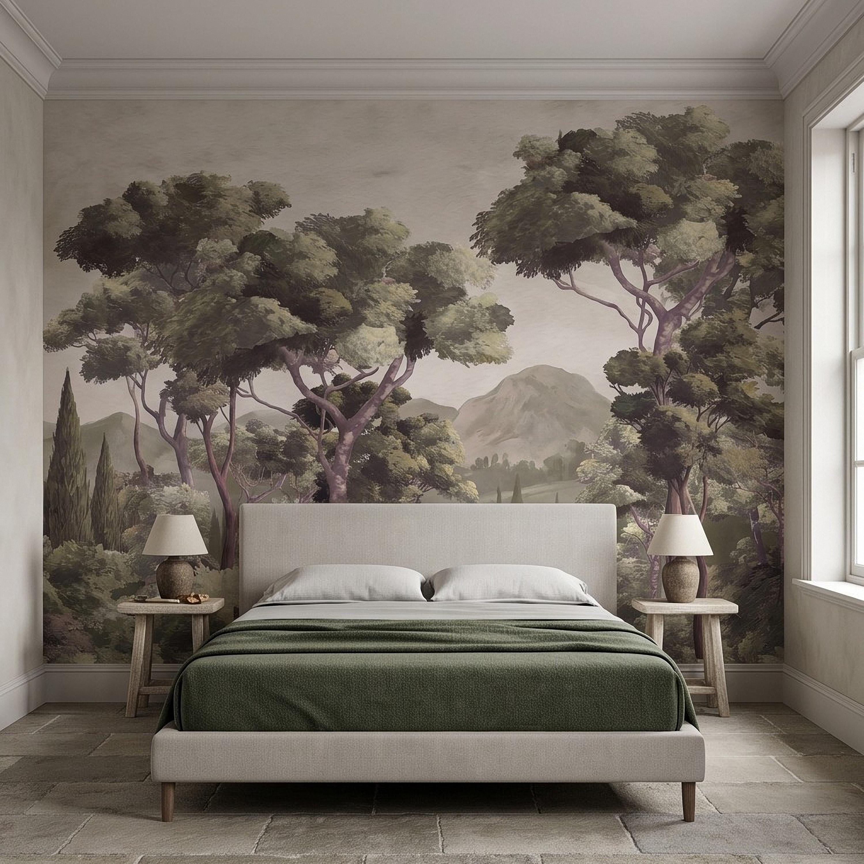 Mediterranean Landscape Peel and Stick Wall Mural, Italian Cypress Trees Vintage Forest Mountain Scenic Wallpaper