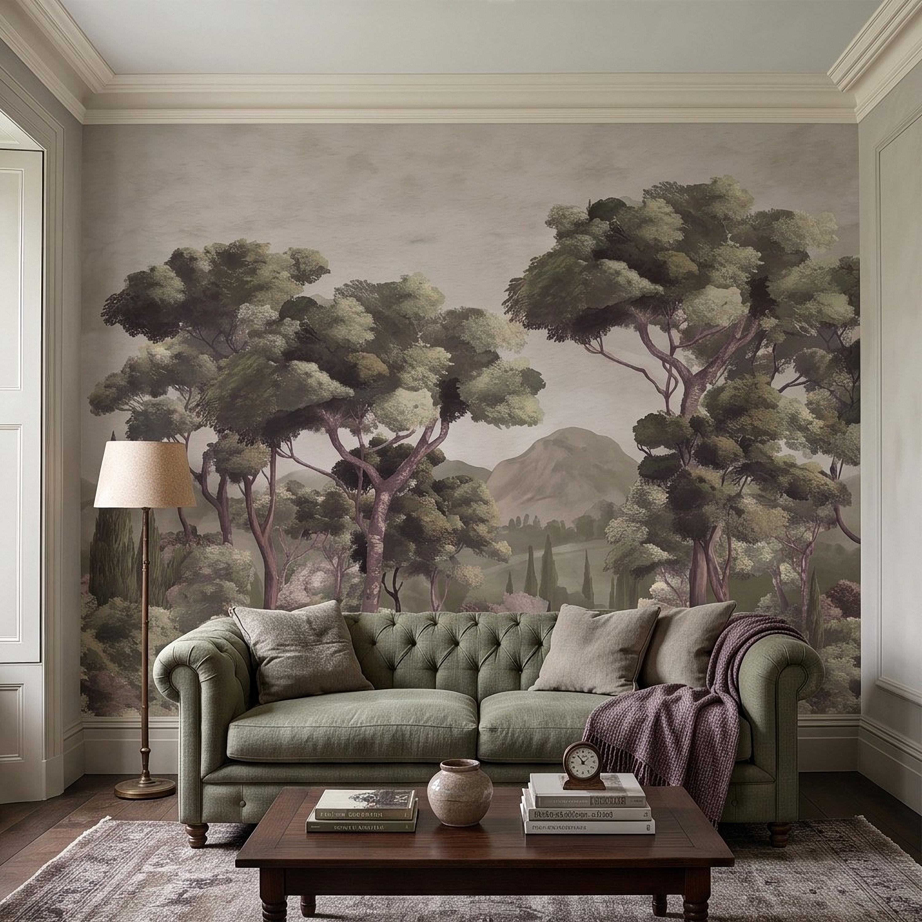Mediterranean Landscape Peel and Stick Wall Mural, Italian Cypress Trees Vintage Forest Mountain Scenic Wallpaper