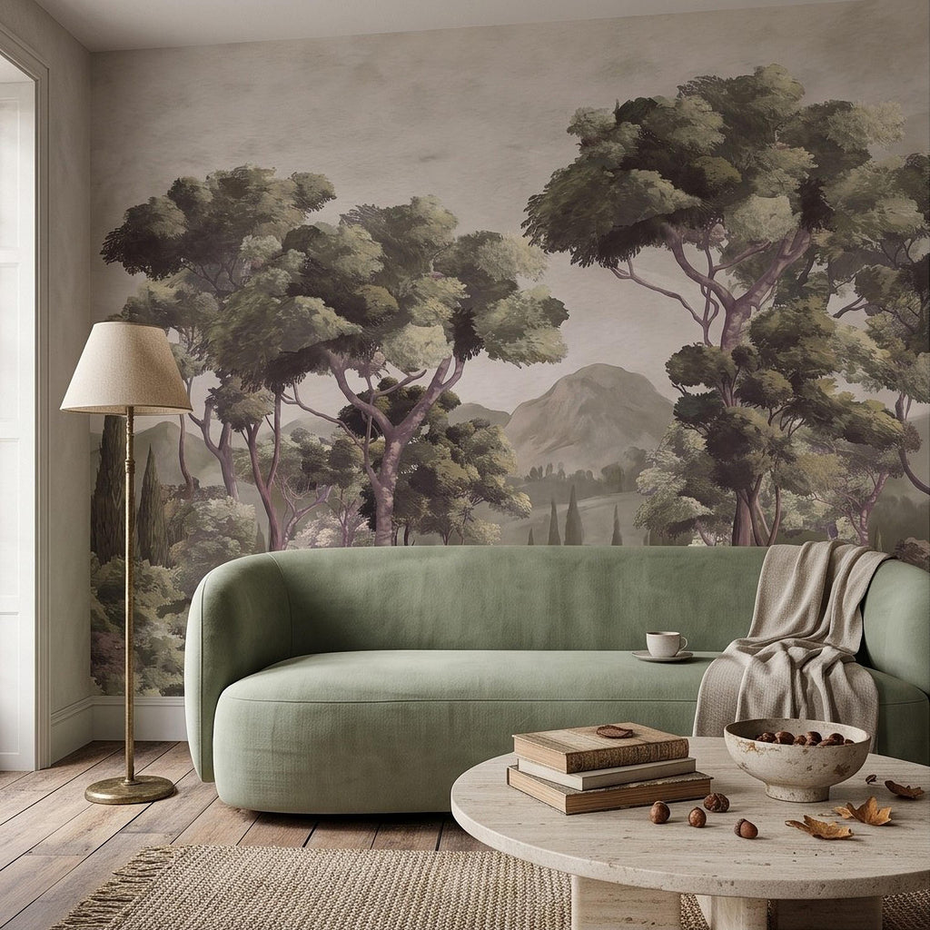 Mediterranean Landscape Peel and Stick Wall Mural, Italian Cypress Trees Vintage Forest Mountain Scenic Wallpaper