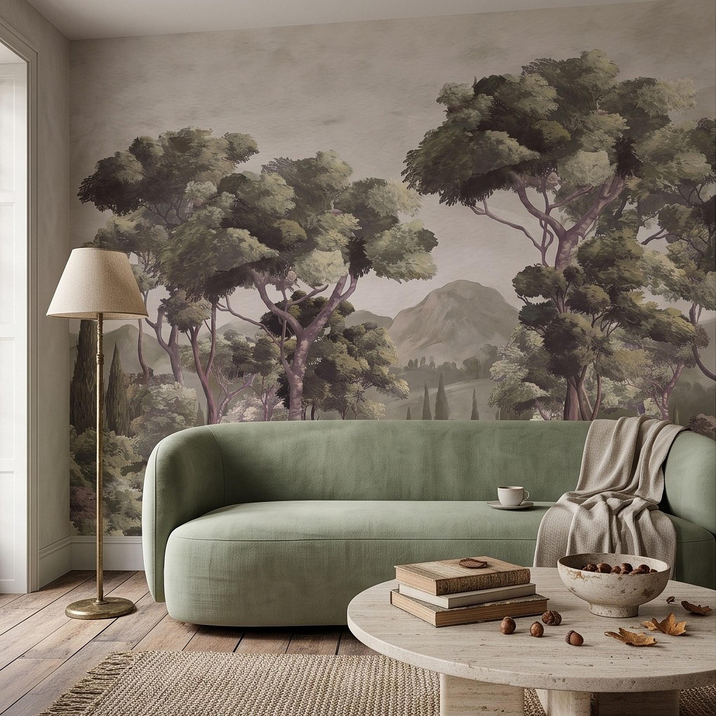 Mediterranean Landscape Peel and Stick Wall Mural, Italian Cypress Trees Vintage Forest Mountain Scenic Wallpaper