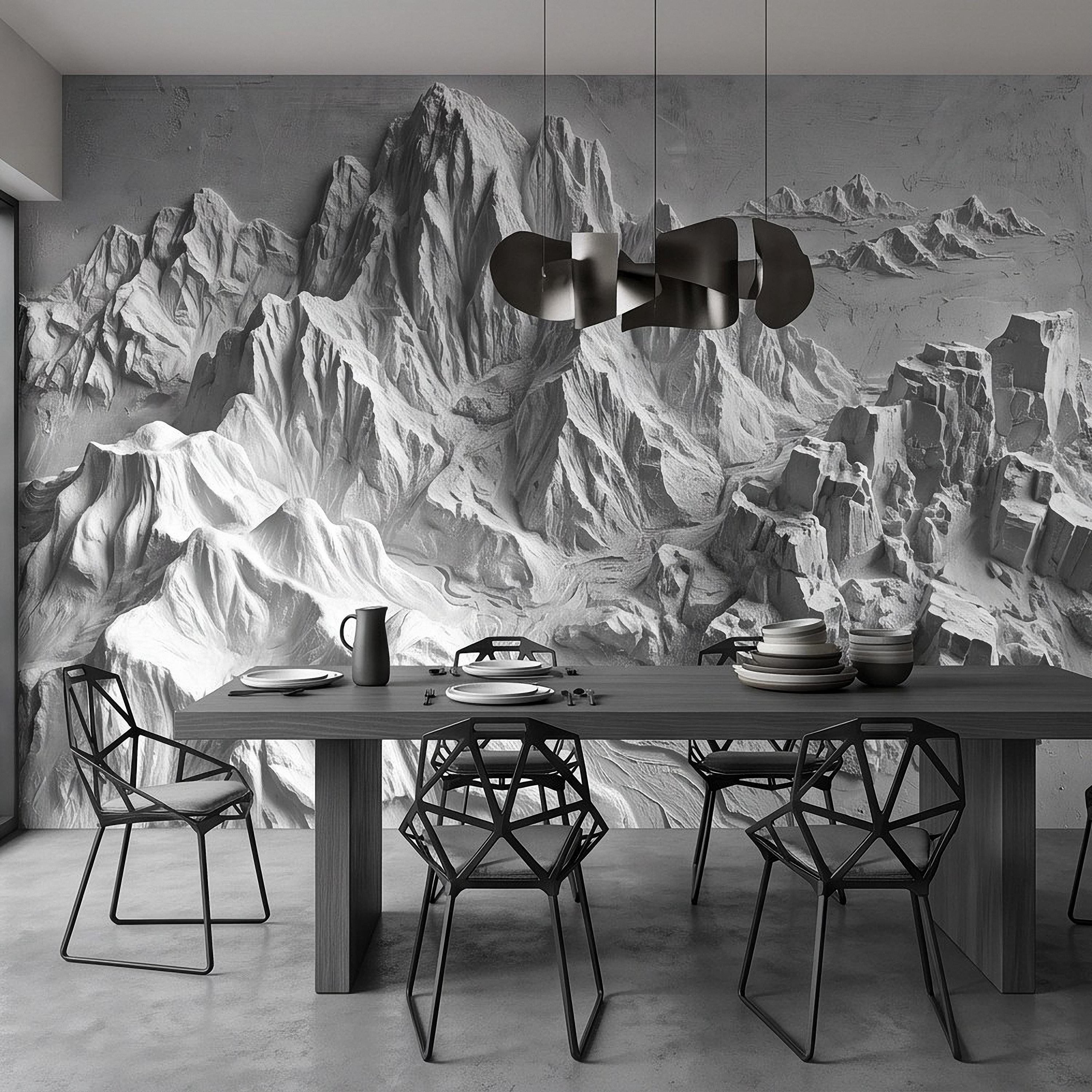 3D Mountain Relief Peel and Stick Wall Mural, White Plaster Landscape Texture Modern Minimalist Wallpaper