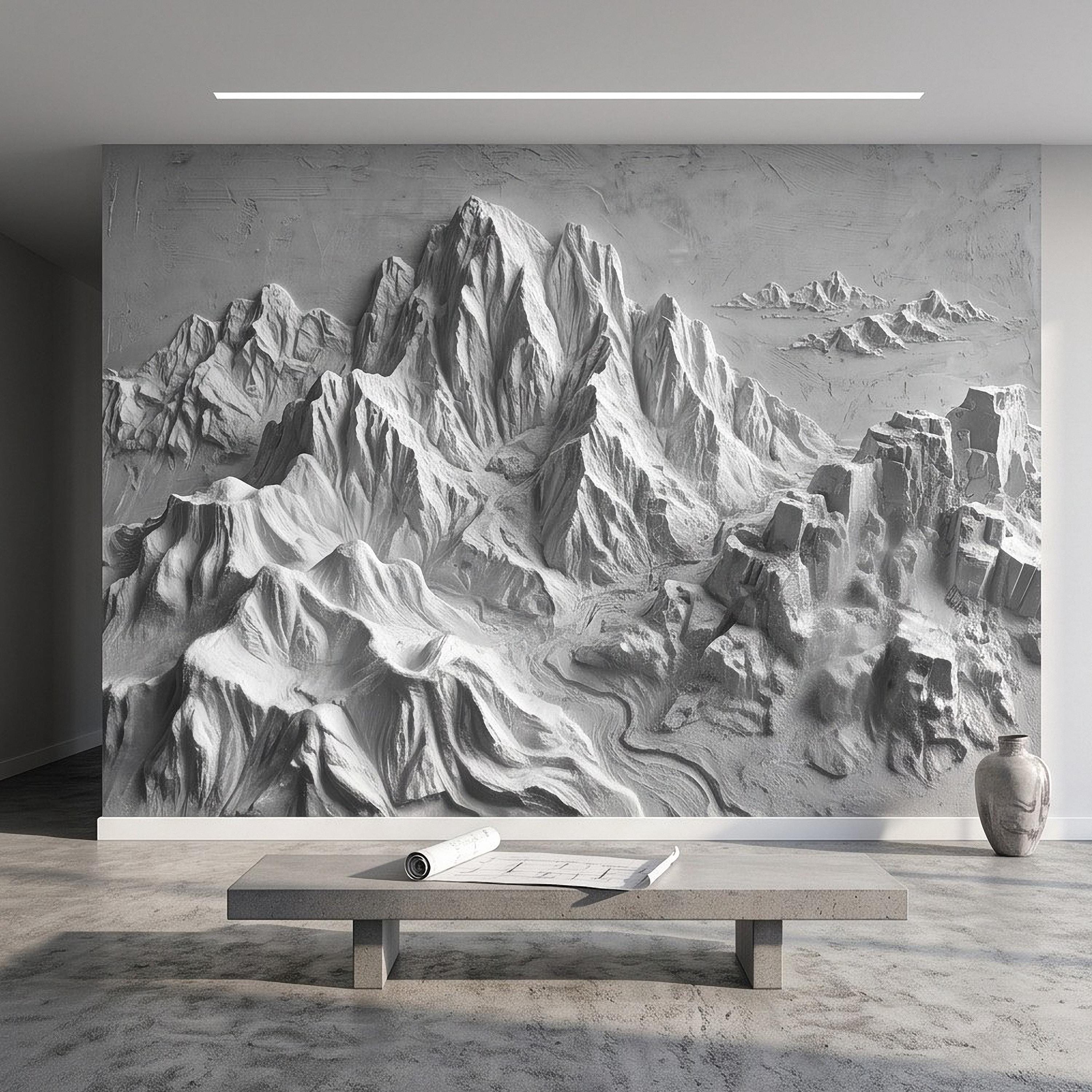 3D Mountain Relief Peel and Stick Wall Mural, White Plaster Landscape Texture Modern Minimalist Wallpaper