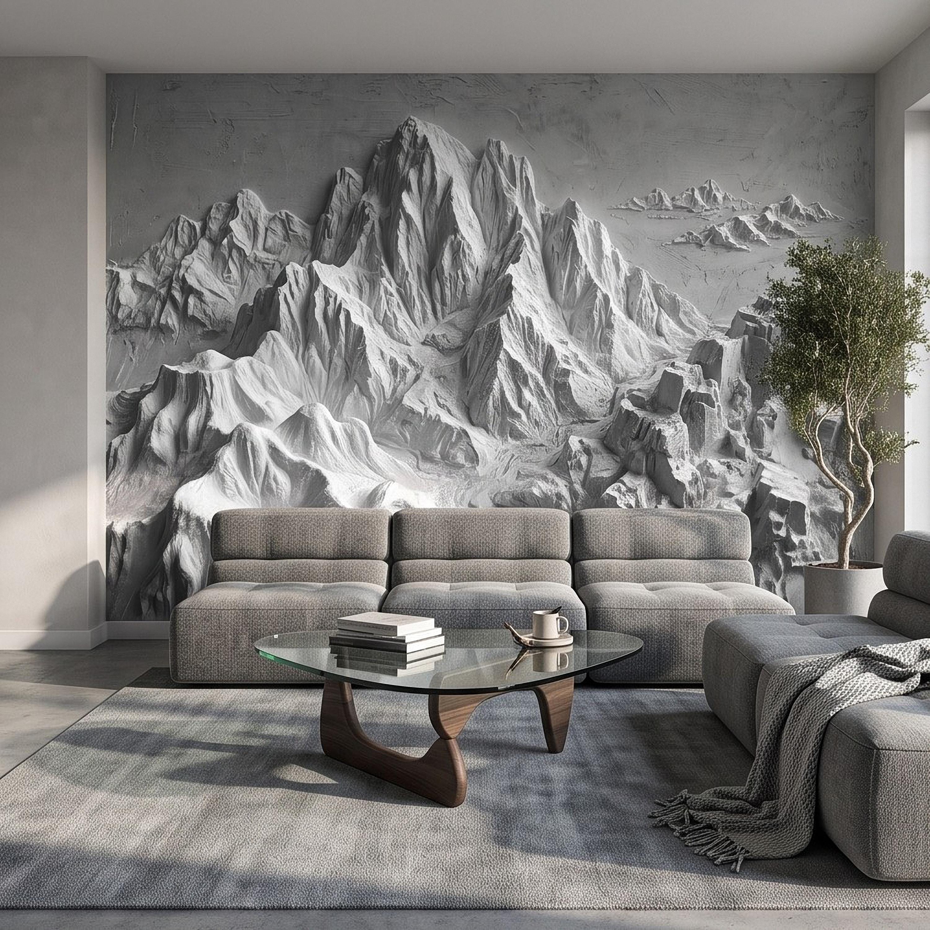 3D Mountain Relief Peel and Stick Wall Mural, White Plaster Landscape Texture Modern Minimalist Wallpaper
