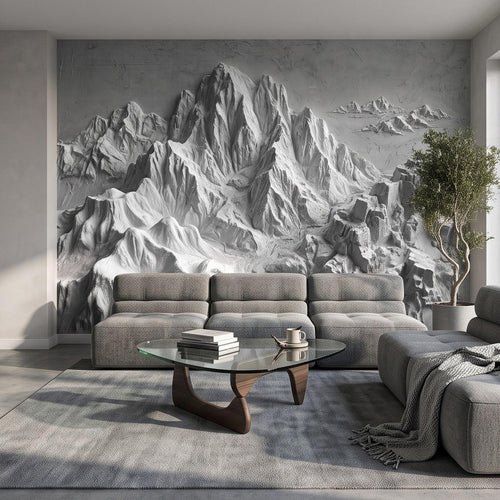 3D Mountain Relief Peel and Stick Wall Mural, White Plaster Landscape Texture Modern Minimalist Wallpaper