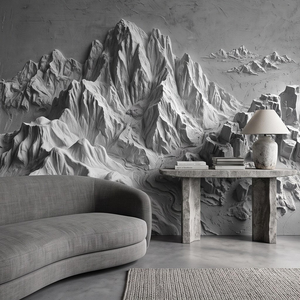 3D Mountain Relief Peel and Stick Wall Mural, White Plaster Landscape Texture Modern Minimalist Wallpaper