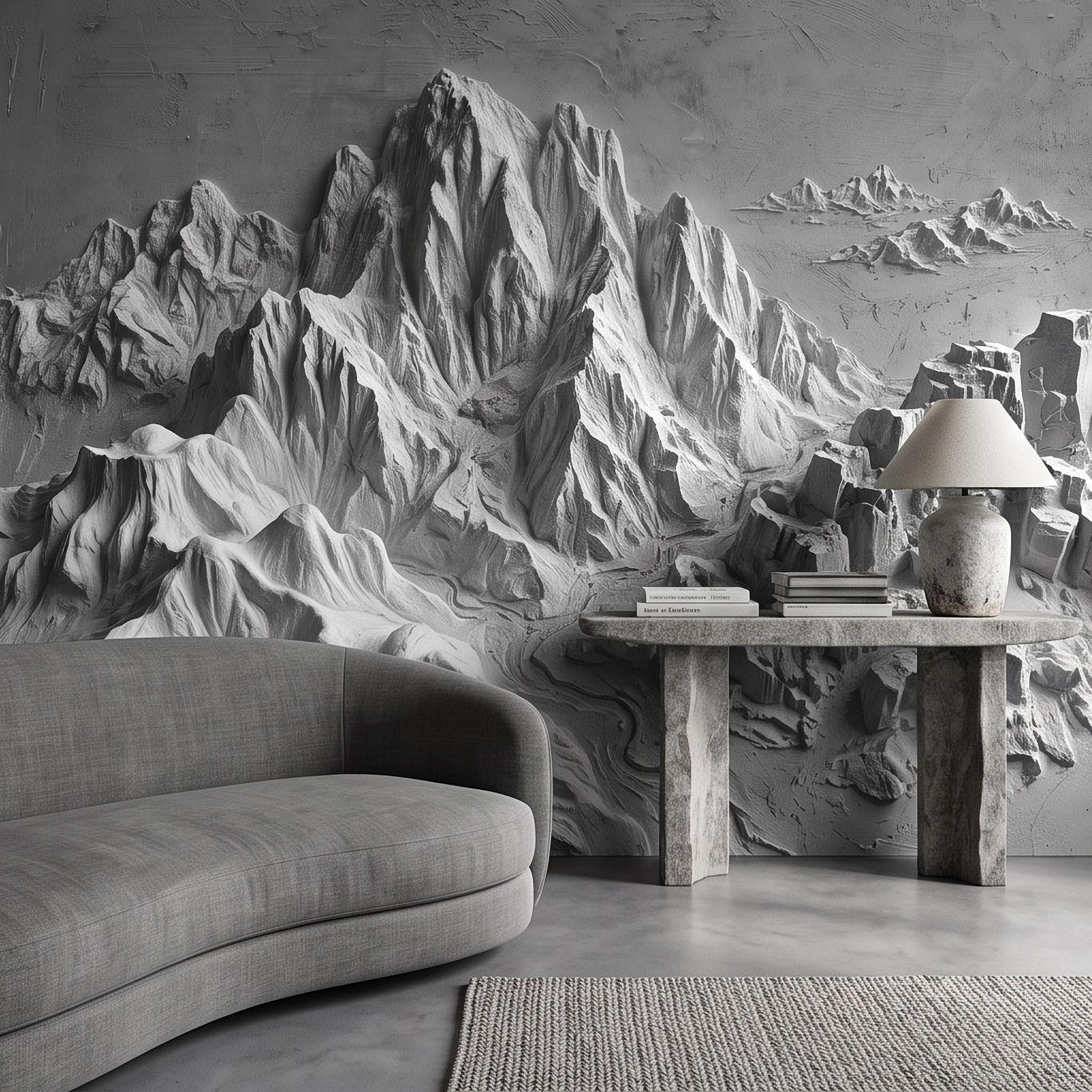 3D Mountain Relief Peel and Stick Wall Mural, White Plaster Landscape Texture Modern Minimalist Wallpaper