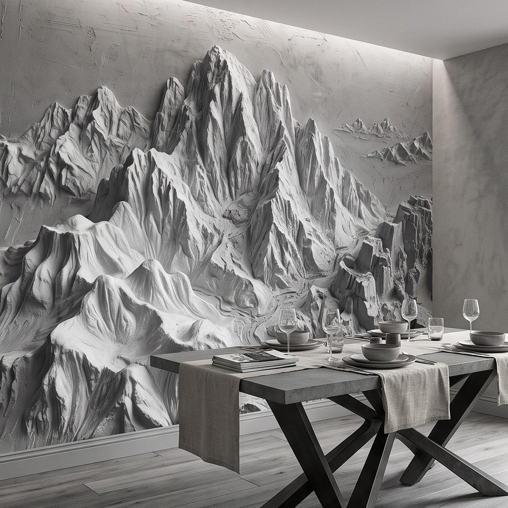 3D Mountain Relief Peel and Stick Wall Mural, White Plaster Landscape Texture Modern Minimalist Wallpaper