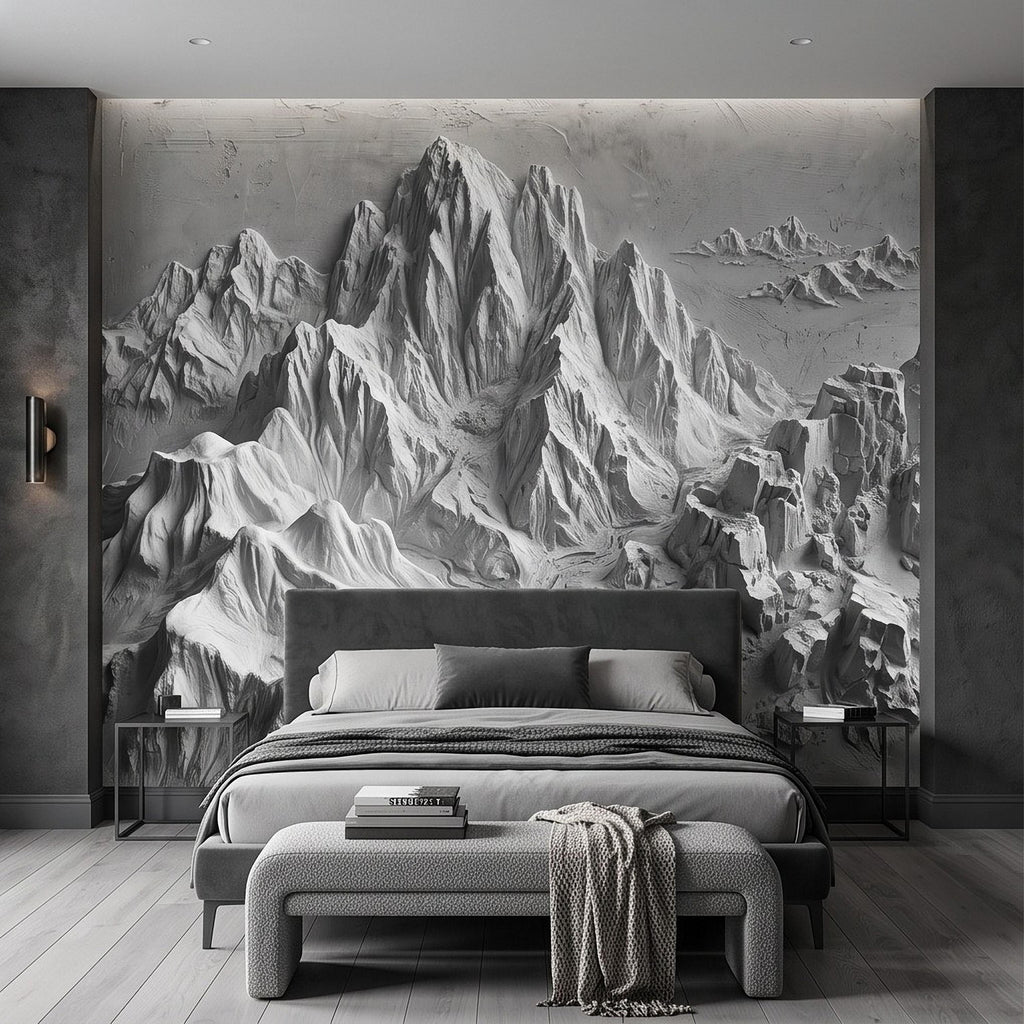 3D Mountain Relief Peel and Stick Wall Mural, White Plaster Landscape Texture Modern Minimalist Wallpaper