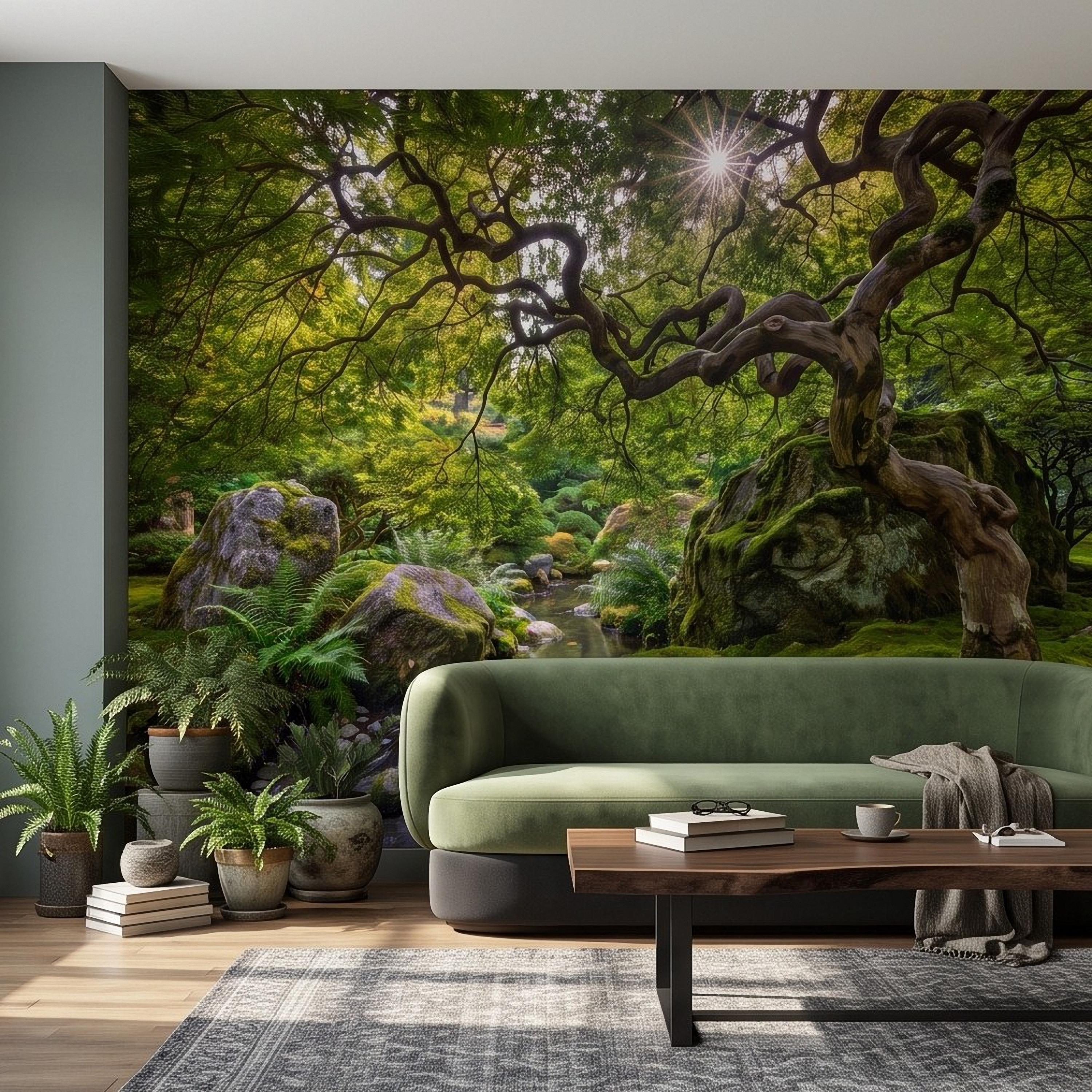 Japanese Zen Garden Peel and Stick Wall Mural, Mossy Forest Stream Twisted Maple Tree Nature Landscape Wallpaper