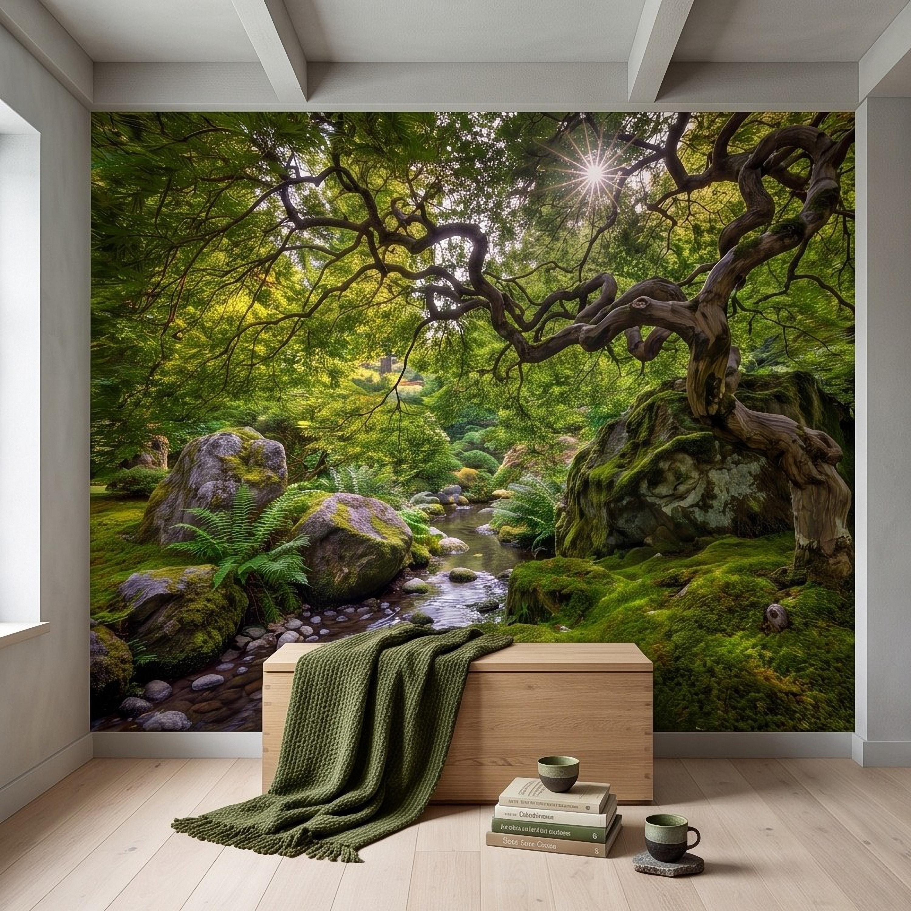 Japanese Zen Garden Peel and Stick Wall Mural, Mossy Forest Stream Twisted Maple Tree Nature Landscape Wallpaper