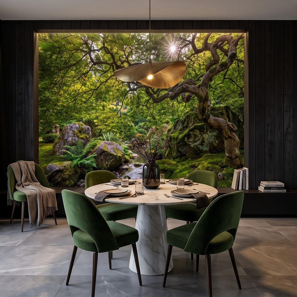 Japanese Zen Garden Peel and Stick Wall Mural, Mossy Forest Stream Twisted Maple Tree Nature Landscape Wallpaper