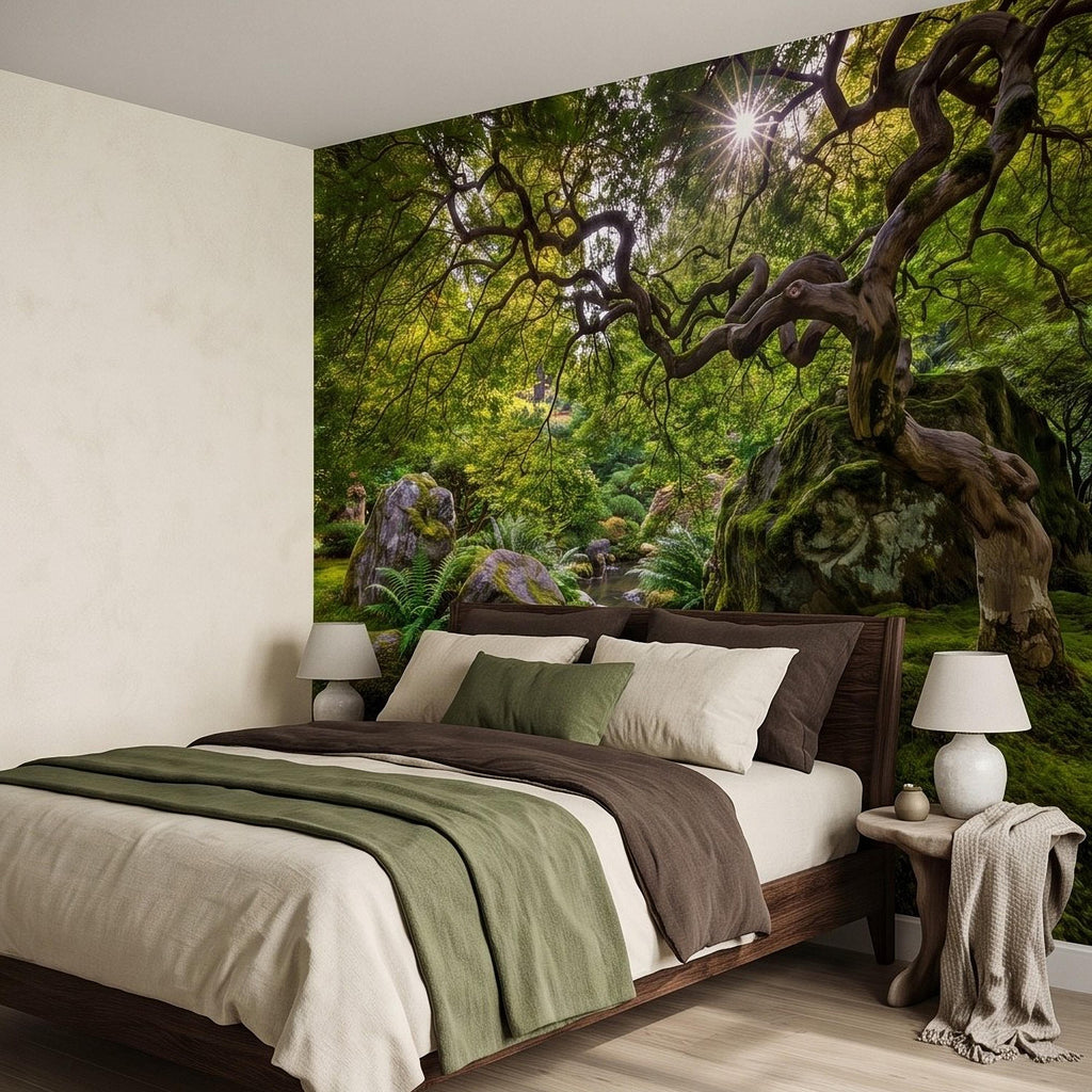 Japanese Zen Garden Peel and Stick Wall Mural, Mossy Forest Stream Twisted Maple Tree Nature Landscape Wallpaper