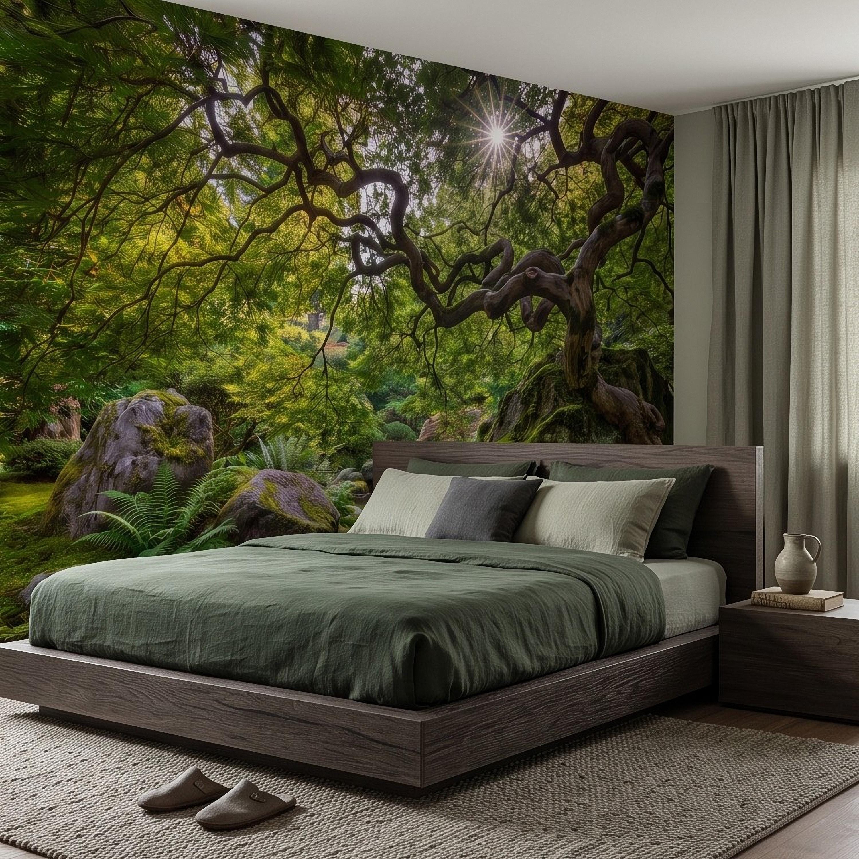 Japanese Zen Garden Peel and Stick Wall Mural, Mossy Forest Stream Twisted Maple Tree Nature Landscape Wallpaper