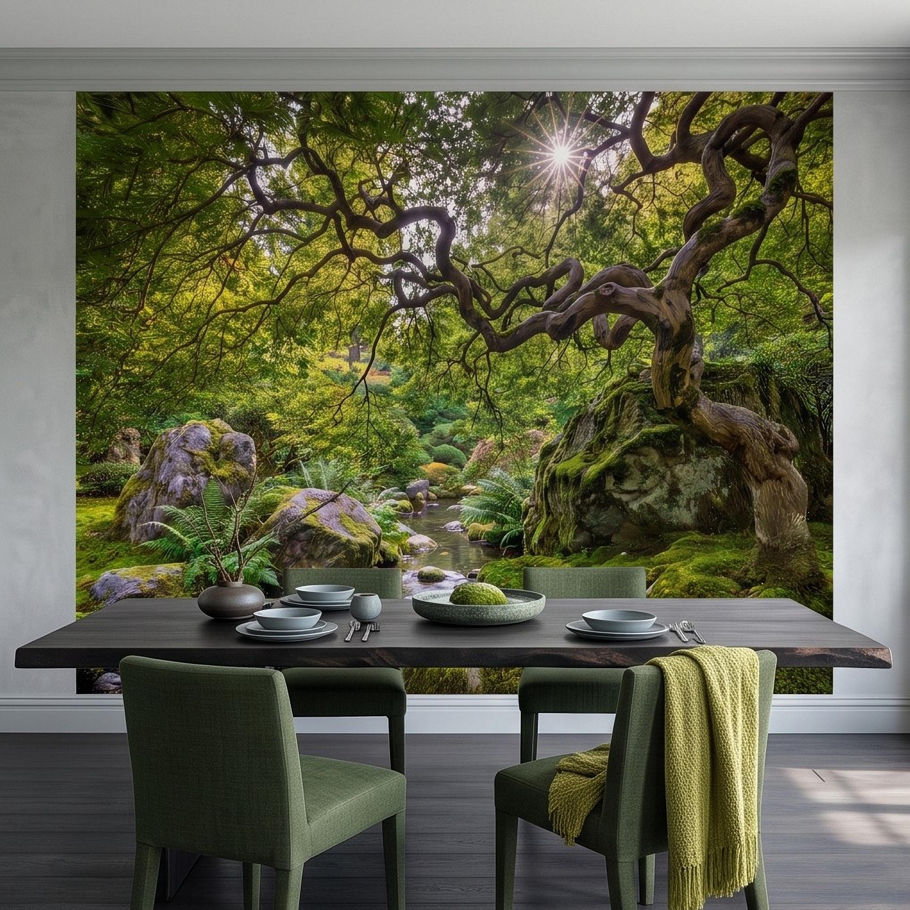 Japanese Zen Garden Peel and Stick Wall Mural, Mossy Forest Stream Twisted Maple Tree Nature Landscape Wallpaper