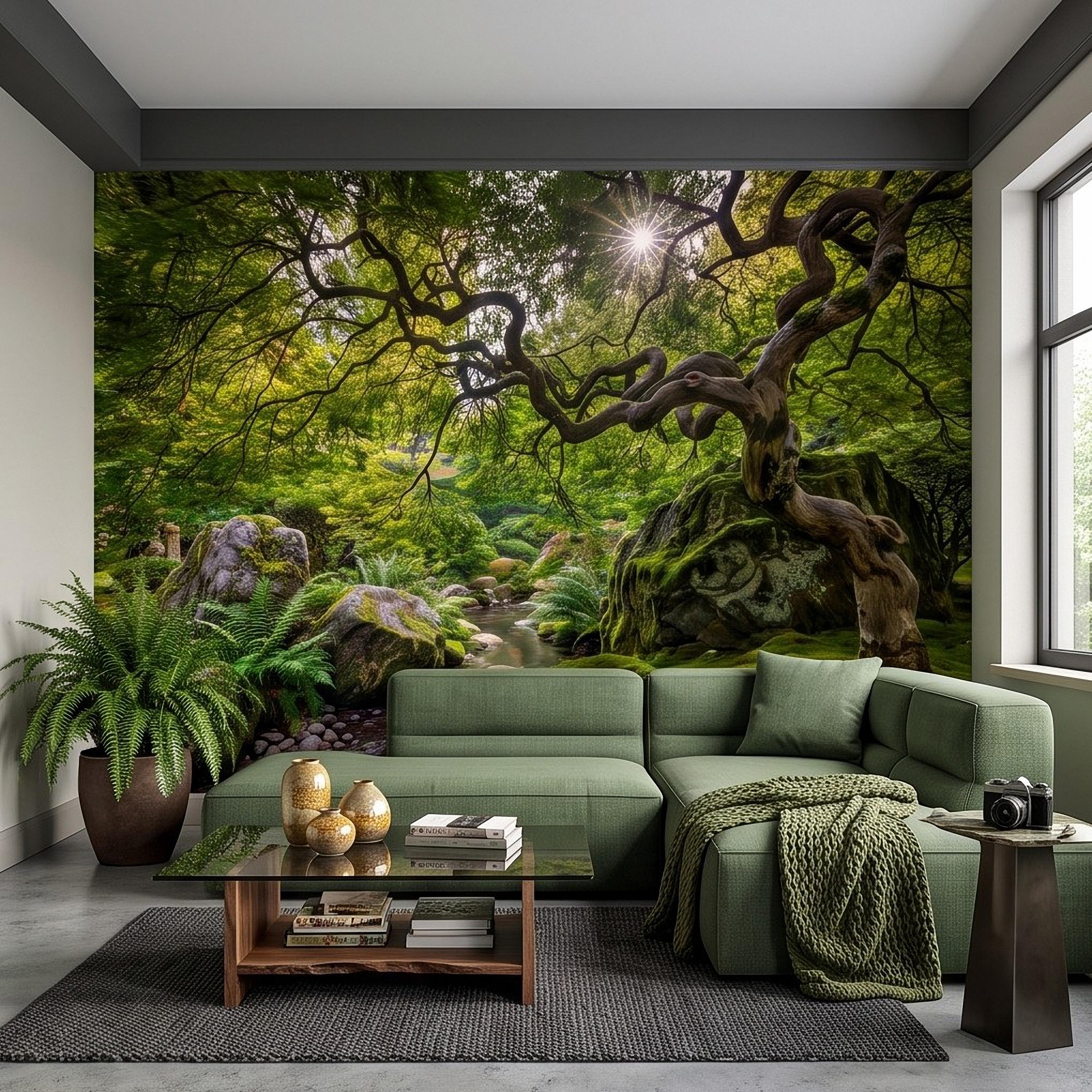 Japanese Zen Garden Peel and Stick Wall Mural, Mossy Forest Stream Twisted Maple Tree Nature Landscape Wallpaper