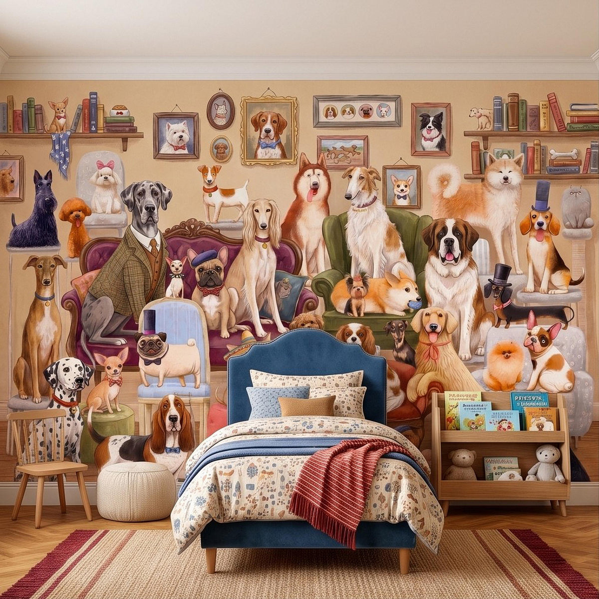 Whimsical Dogs Peel and Stick Wall Mural, Vintage Canine Gathering Playful Pet Illustration Colorful Storybook Animal Wallpaper - The Fine Art Murals