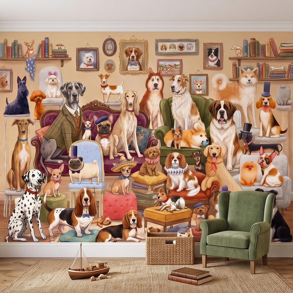 Whimsical Dogs Peel and Stick Wall Mural, Vintage Canine Gathering Playful Pet Illustration Colorful Storybook Animal Wallpaper - The Fine Art Murals
