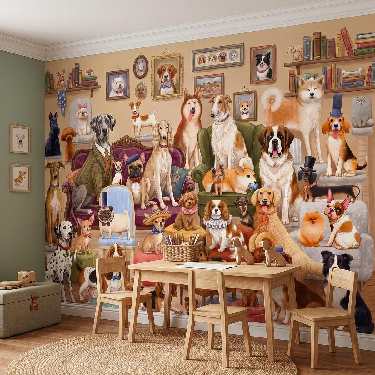 Whimsical Dogs Peel and Stick Wall Mural, Vintage Canine Gathering Playful Pet Illustration Colorful Storybook Animal Wallpaper - The Fine Art Murals