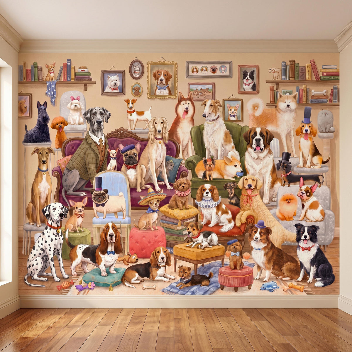 Whimsical Dogs Peel and Stick Wall Mural, Vintage Canine Gathering Playful Pet Illustration Colorful Storybook Animal Wallpaper - The Fine Art Murals