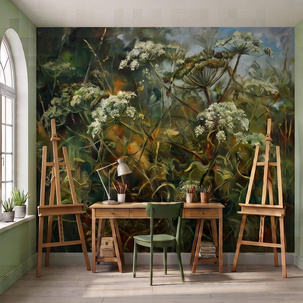 Wildflower Meadow Peel and Stick Wall Mural, White Queen Anne’s Lace Lush Green Botanical Painterly Cottage Garden Wallpaper