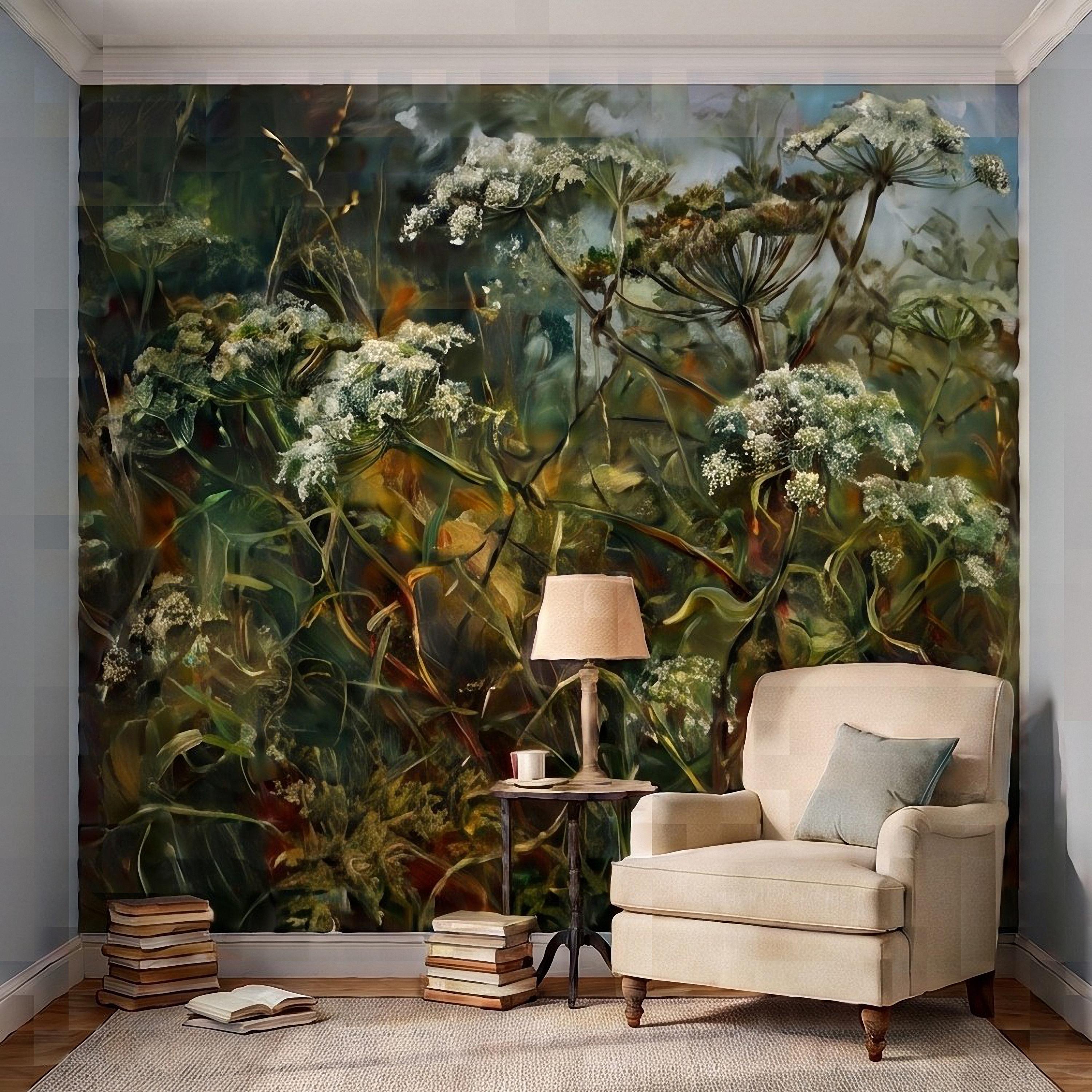 Wildflower Meadow Peel and Stick Wall Mural, White Queen Anne’s Lace Lush Green Botanical Painterly Cottage Garden Wallpaper