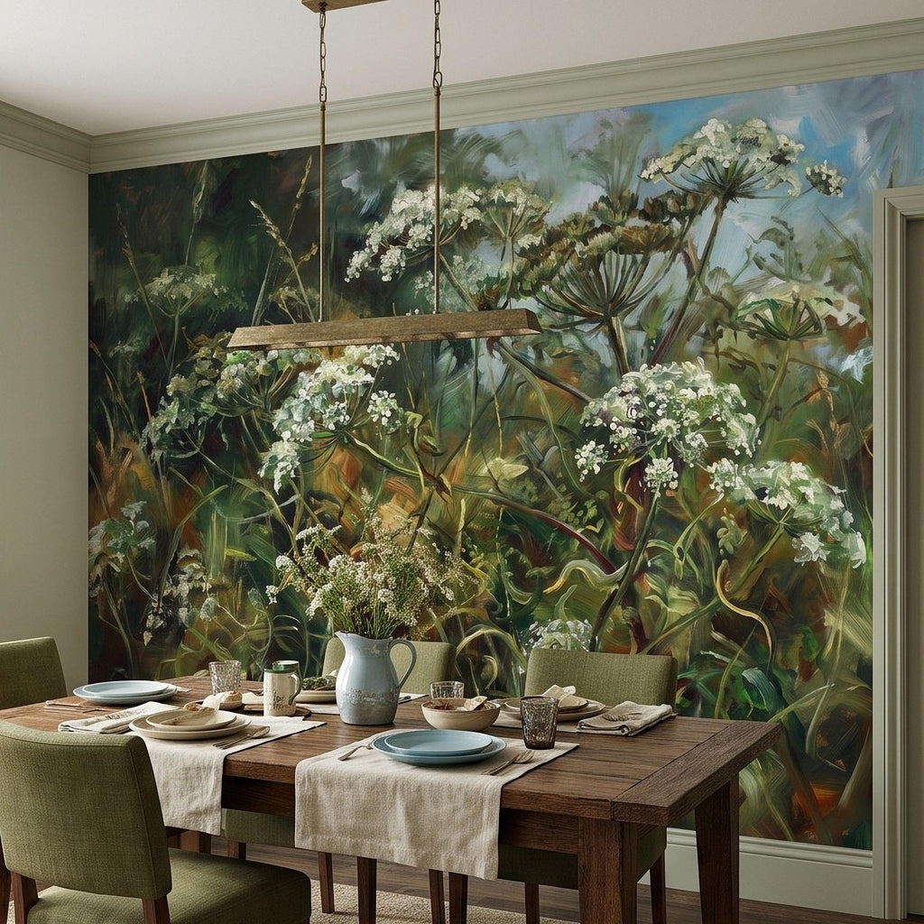 Wildflower Meadow Peel and Stick Wall Mural, White Queen Anne’s Lace Lush Green Botanical Painterly Cottage Garden Wallpaper